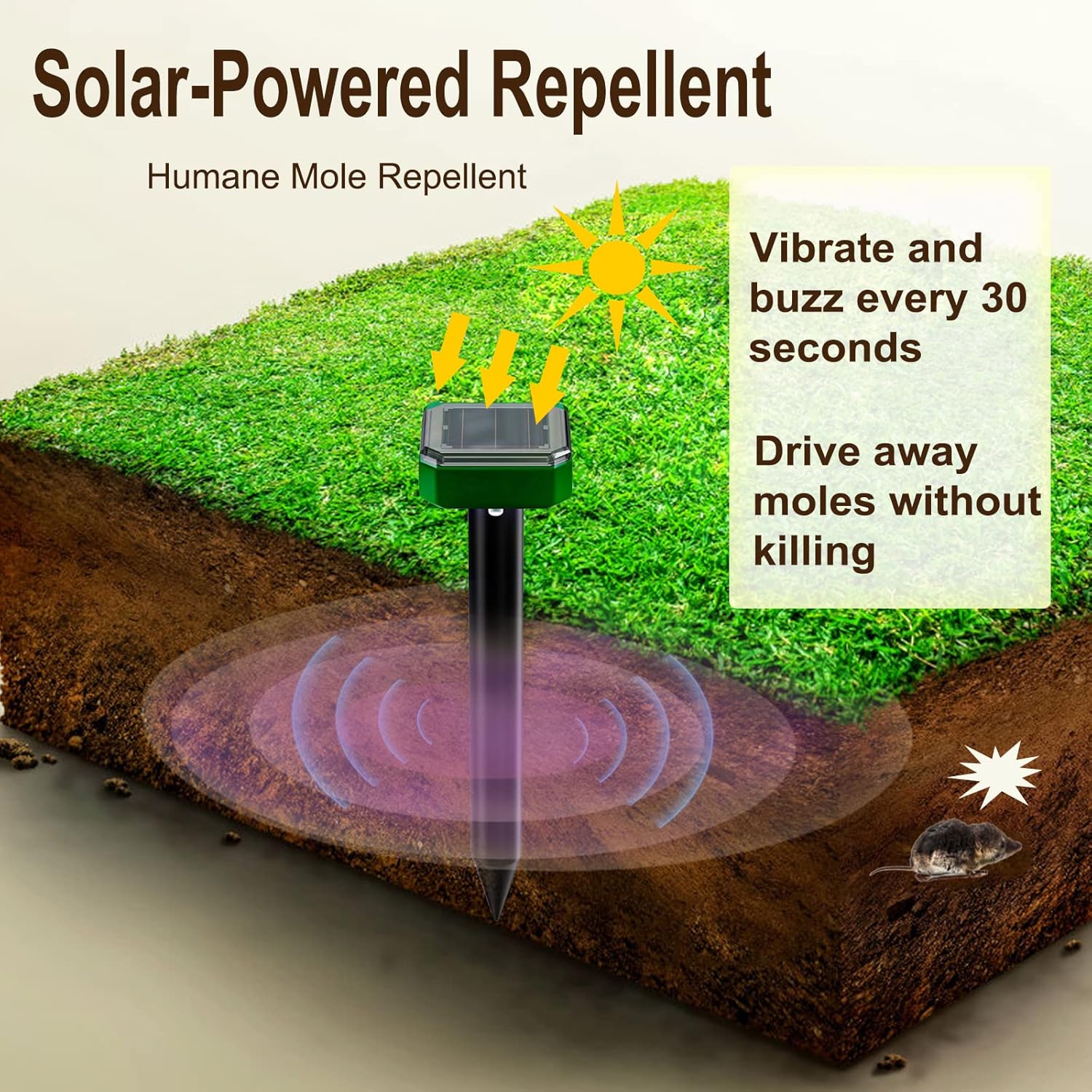 Mole Repellent Solar Powered for Lawns Snake Repellent for Yard Gopher Trap Groundhog Vole Repellent Ultrasonic Spike Outdoor Waterproof Sonic Chipmunk Rodent Burrowing Animals Deterrent Stake (4)