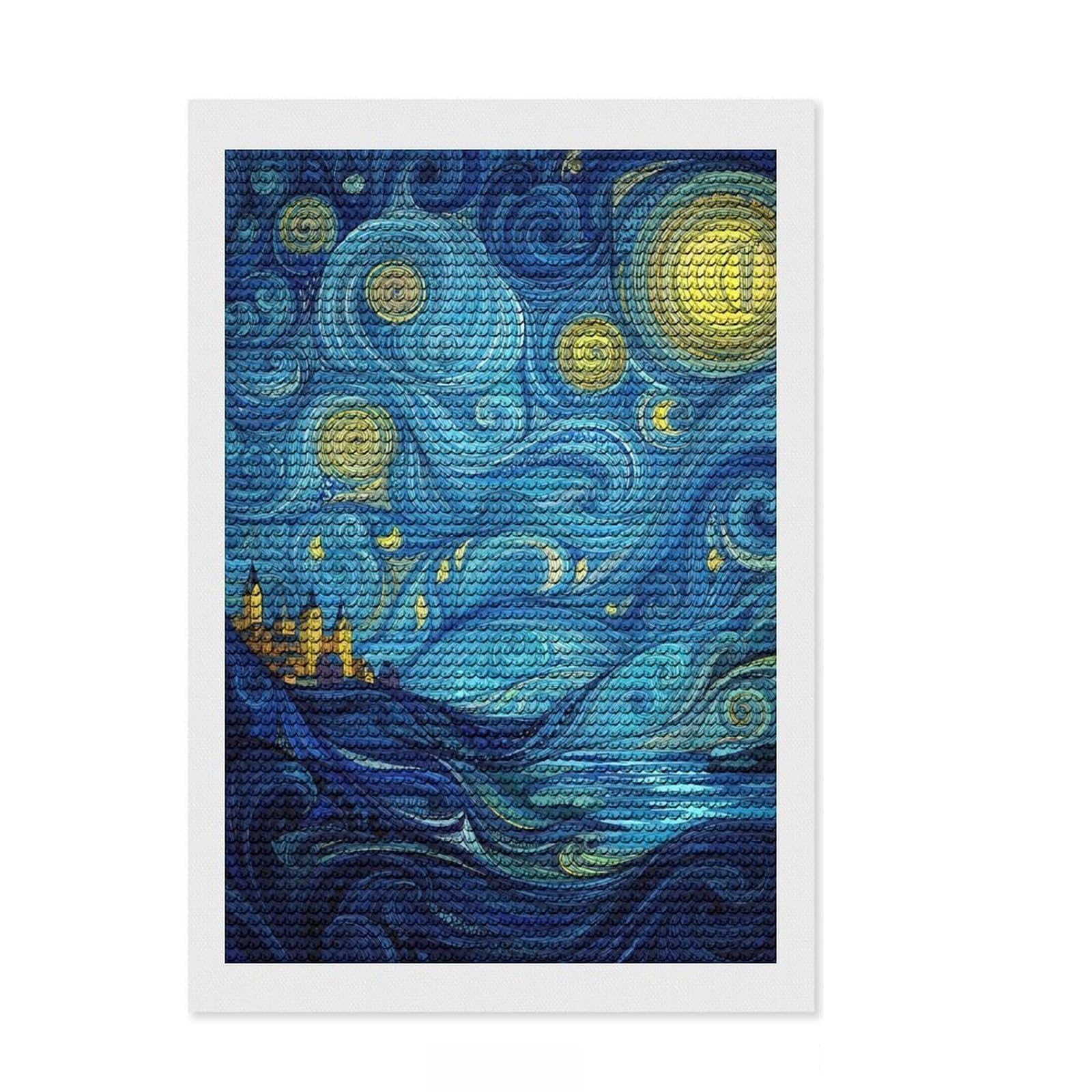 Junmoney Starry Night Inspired Landscape Painting Round Drill Diamond Painting 8"x12", with Tool Kit, Easy to Follow Symbols, Farmhouse Decor, for Craft Lovers