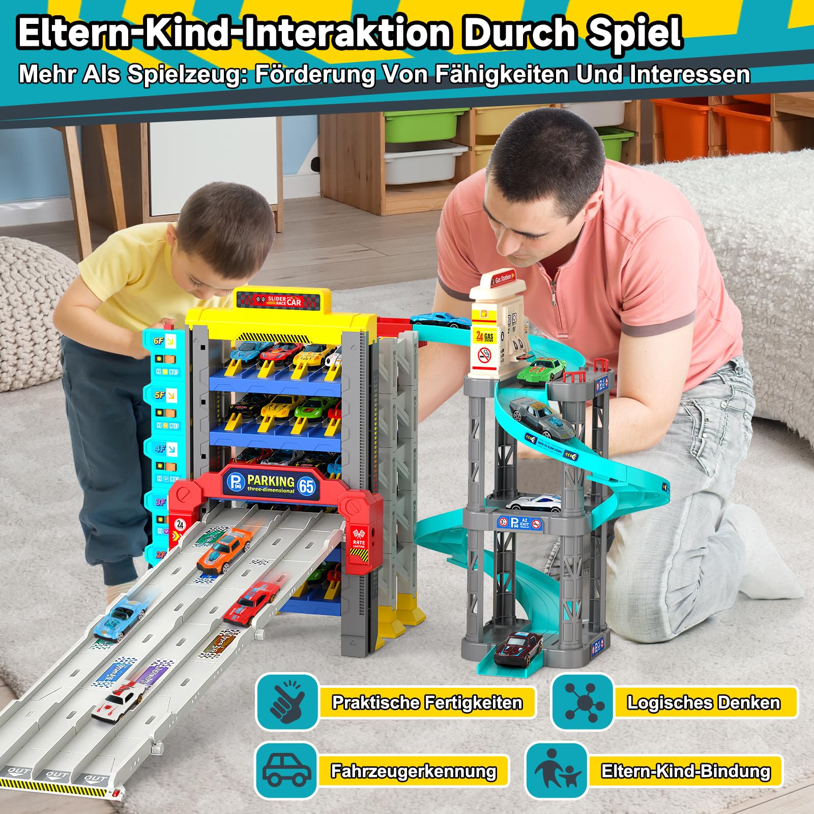 JONRRYIN Autorennbahn für Kinder, Rennstrecke Auto mit 5 Stockwerke Parkhaus, Spielzeug Rennbahn mit Spiral für Kinder ab 3 Jahre, 12 Leichtmetallautos und 2 Flugzeug, Tankstellen mit Zapfsäule