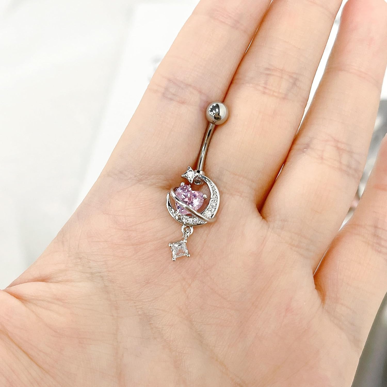 14G CZ Moon Dangle Belly Button Rings for Women Dainty Pink Heart Square Crystal Dangle Belly Button Ring Hypoallergenic Stainless Steel Belly Piercing Jewelry Navel Curved Barbell 3/8" - Image 5