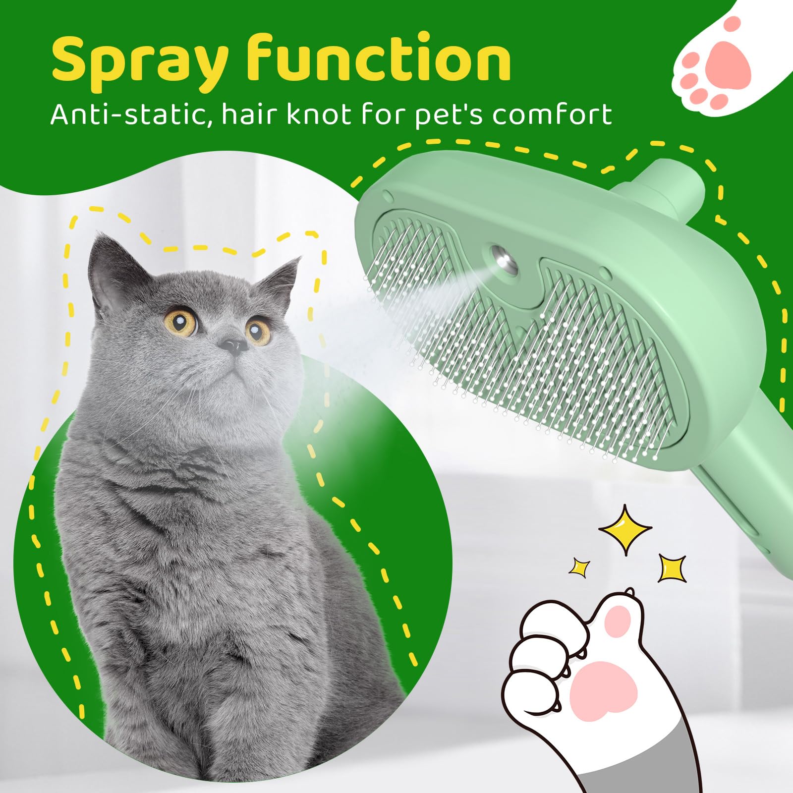 Steam Brush for Cat Grooming and Shedding - Self-Cleaning, Anti-Static Pet Brush for Long and Short Hair with Release Button (Green) - Image 2