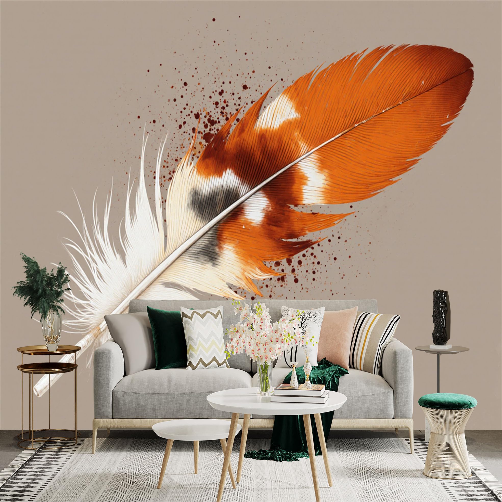 Custom Size Wall Sticker Mural， Orange and White Feather， Artistic Abstract Ink Splatter， Rustic Modern Home Decor， for wall Decoration， peelandstick wall Decals.