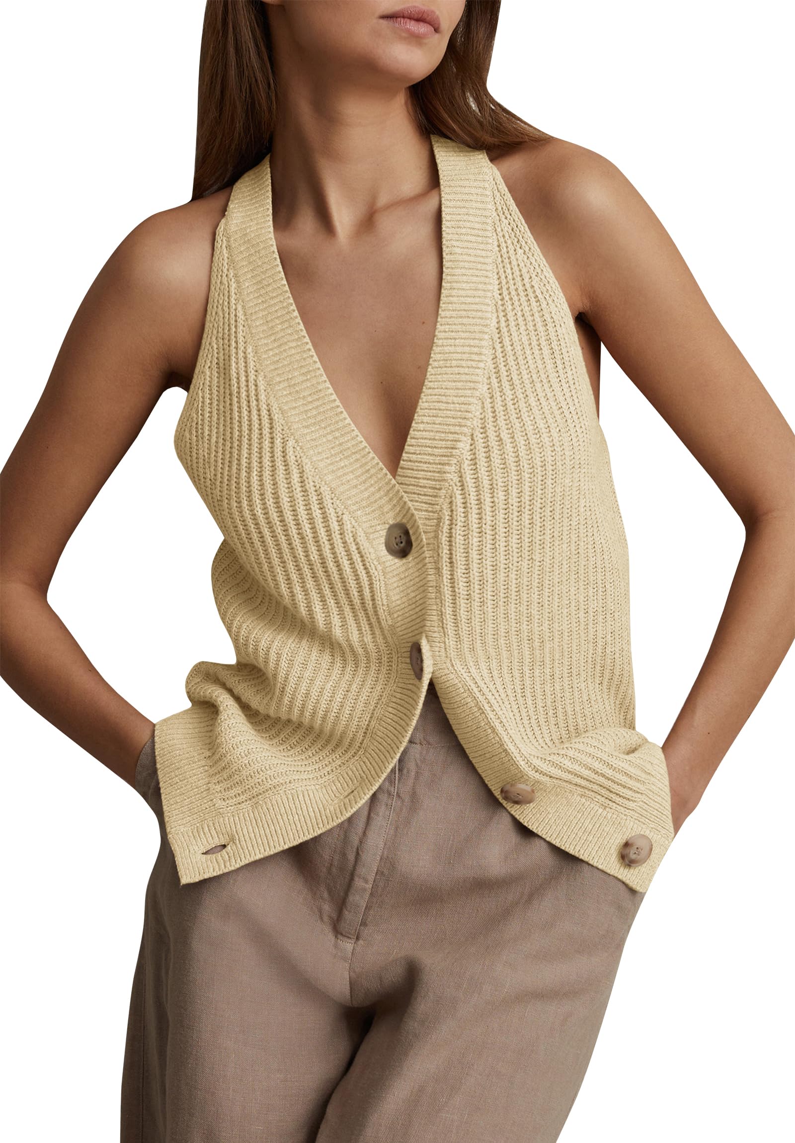 syneelife Womens Button-Front Sweater Vest Top V Neck Sleeveless Knit Tank Fitted Halter Raceback Cardigan Vest-picture-27