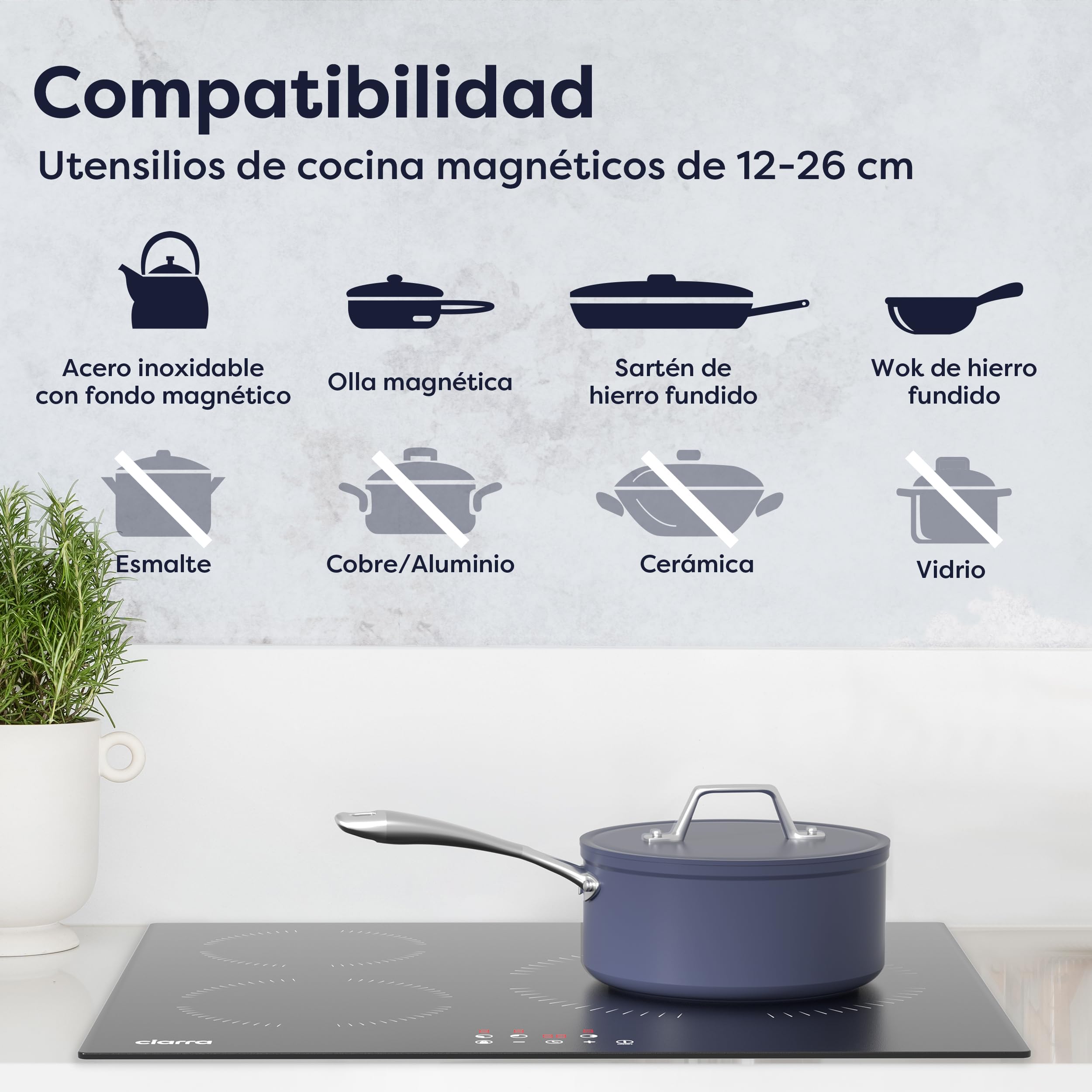 Ciarra Placa Induccion 3 Zonas 60cm 5600W, Zona Gigante de 28cm, CABBIH3-A | Limitador de Potencia, Control Táctil, Temporizador, Bloqueo Infantil, Ideal para la Cocina Familiar Diaria