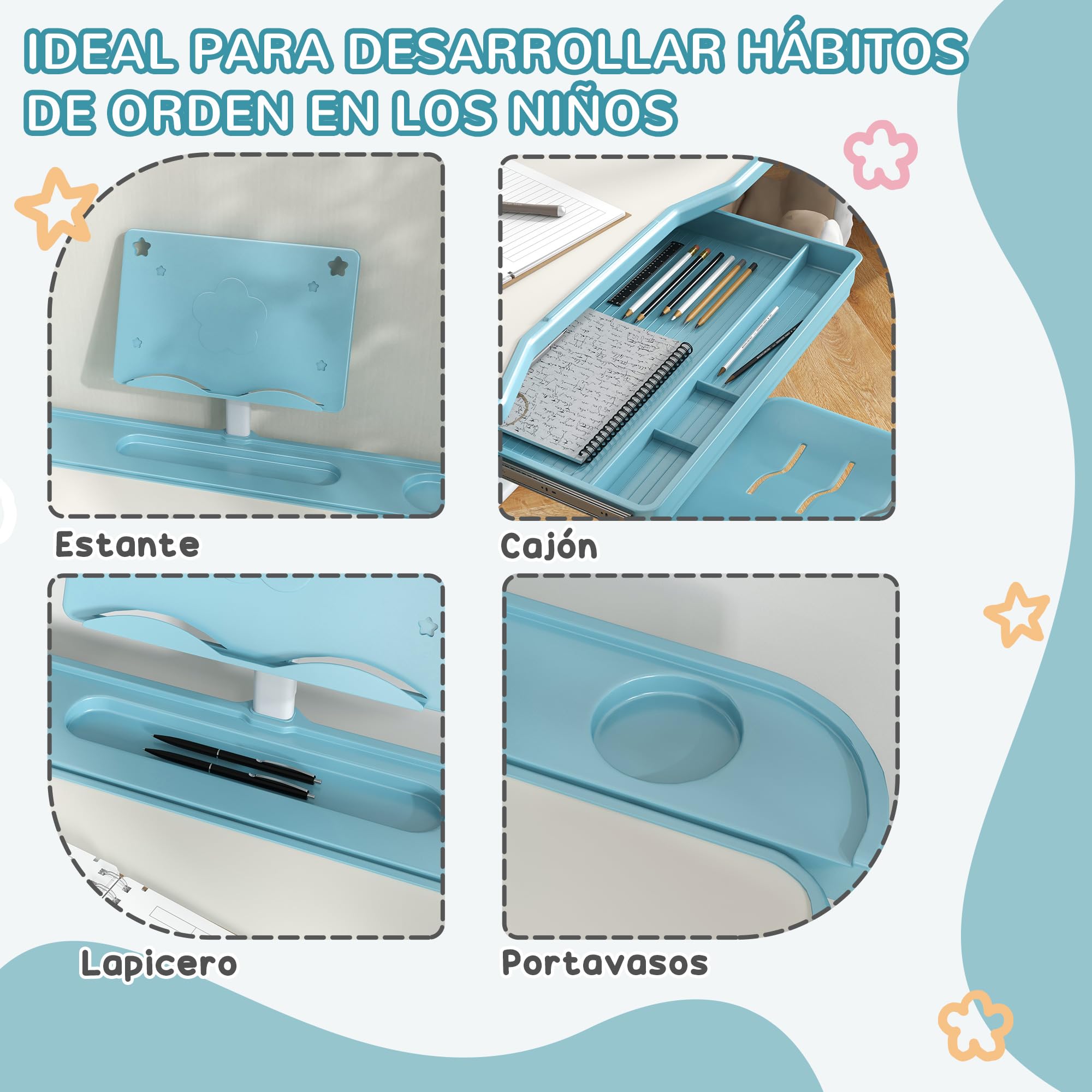 ZONEKIZ Juego de Escritorio y Silla para Niños de 6-12 Años Pupitre Infantil Altura y Ángulo Ajustable con 1 Cajón y 1 Estante para Libros 80x49,5x82-104 cm Azul y Blanco