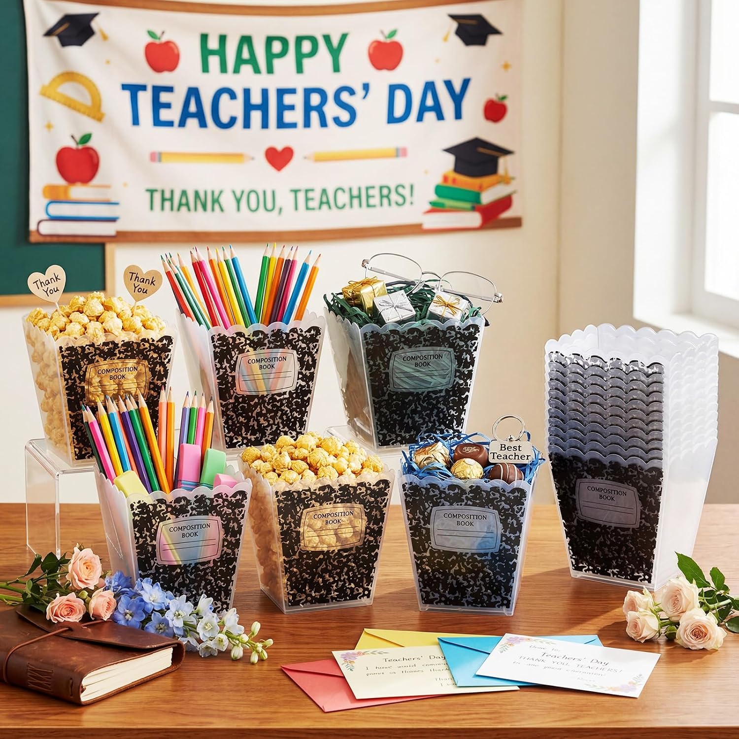Mumufy 12 Pcs Back to School Composition Book Containers Gift Boxes Candy Bar Party Supplies Plastic Popcorn Treat Holders Bulk