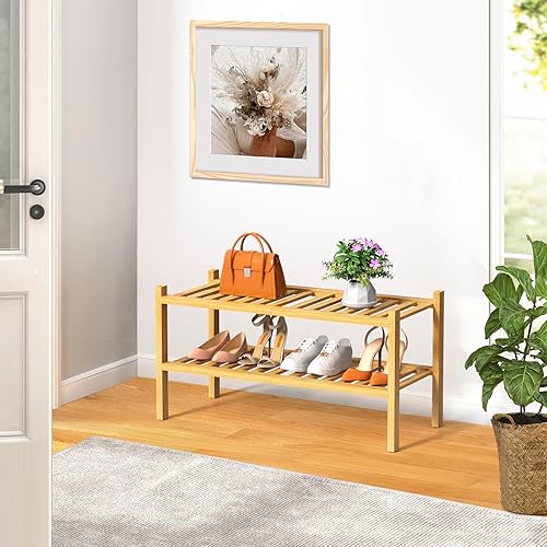 Miniatura 2 de Zapatero de 2 niveles de bambú para clóset, estante de madera independiente, organizador de almacenamiento para entrada, espacio pequeño, apilable