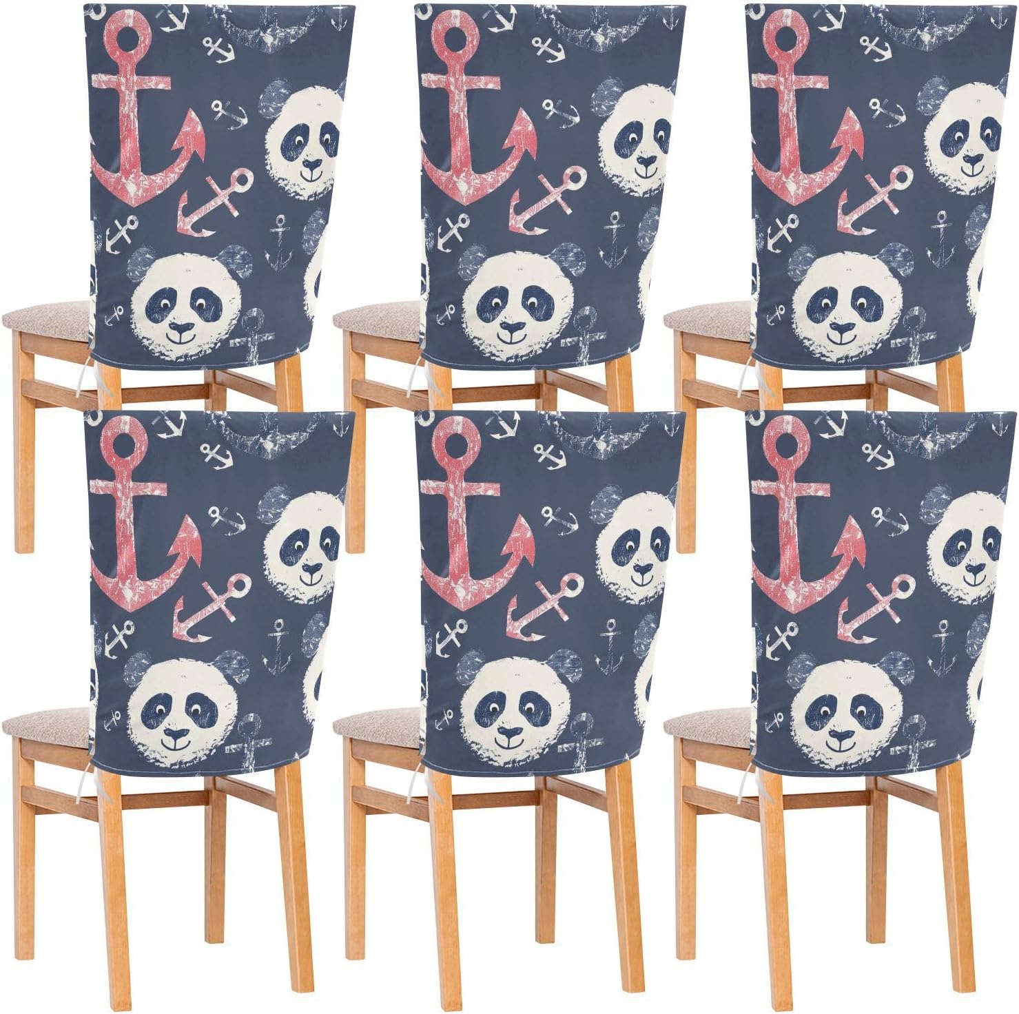 ALAZA Panda and Nautical Anchor Chair Back Cover Set of 6, Washable Reusable Removable Chair Slipcovers Decorative Chair Cover for Home Kitchen Wedding Party