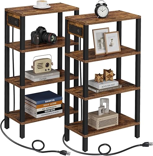 Miniatura 12 de TUTOTAK - Mesa auxiliar pequeña con estación de carga; mesa lateral estrecha con puertos USB y tomas de corriente, juego de 2; mesa de sofá delgada,