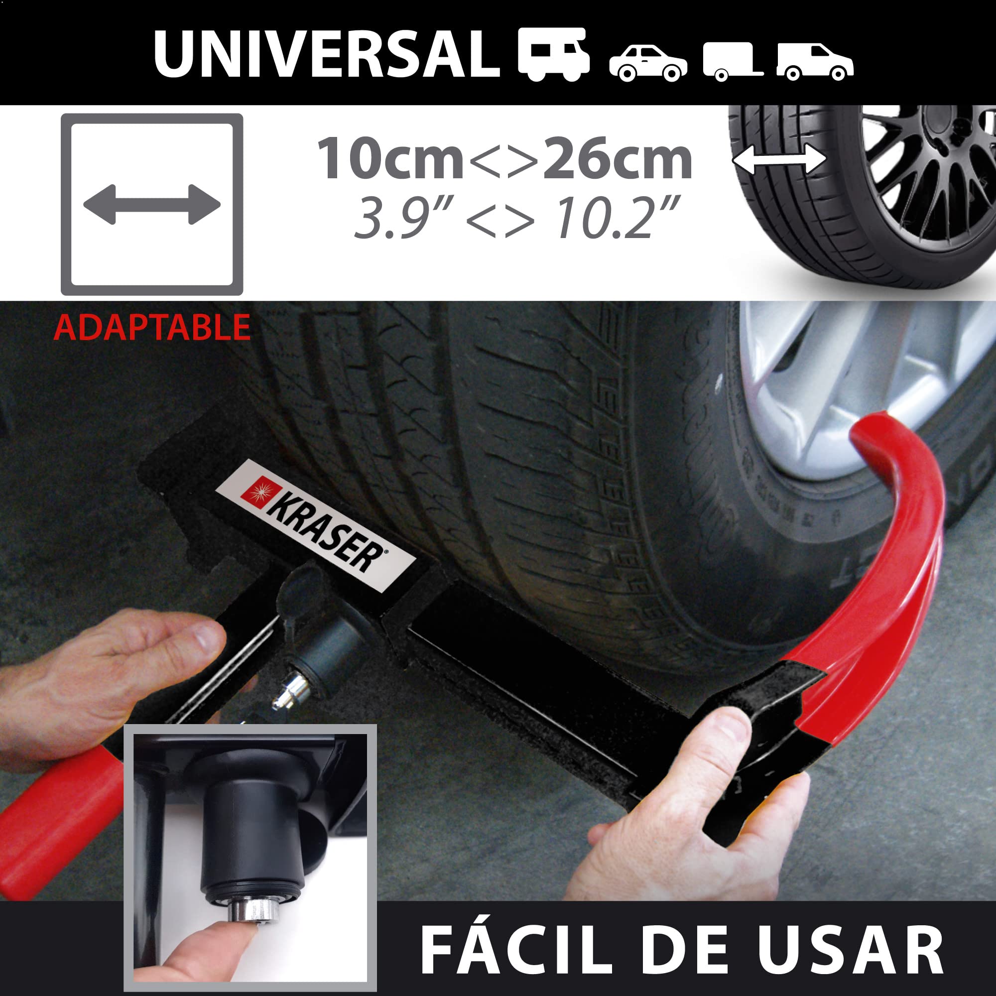 KRASER KR820 Cepo Coche Antirrobo, N1 Alemania, Testado Anti Taladro, Protección Que tranquiliza, Inmovilizador Cepo Rueda, Antirrobo Coche, Universal Caravana, Remolque, SUV, Furgoneta, Moto