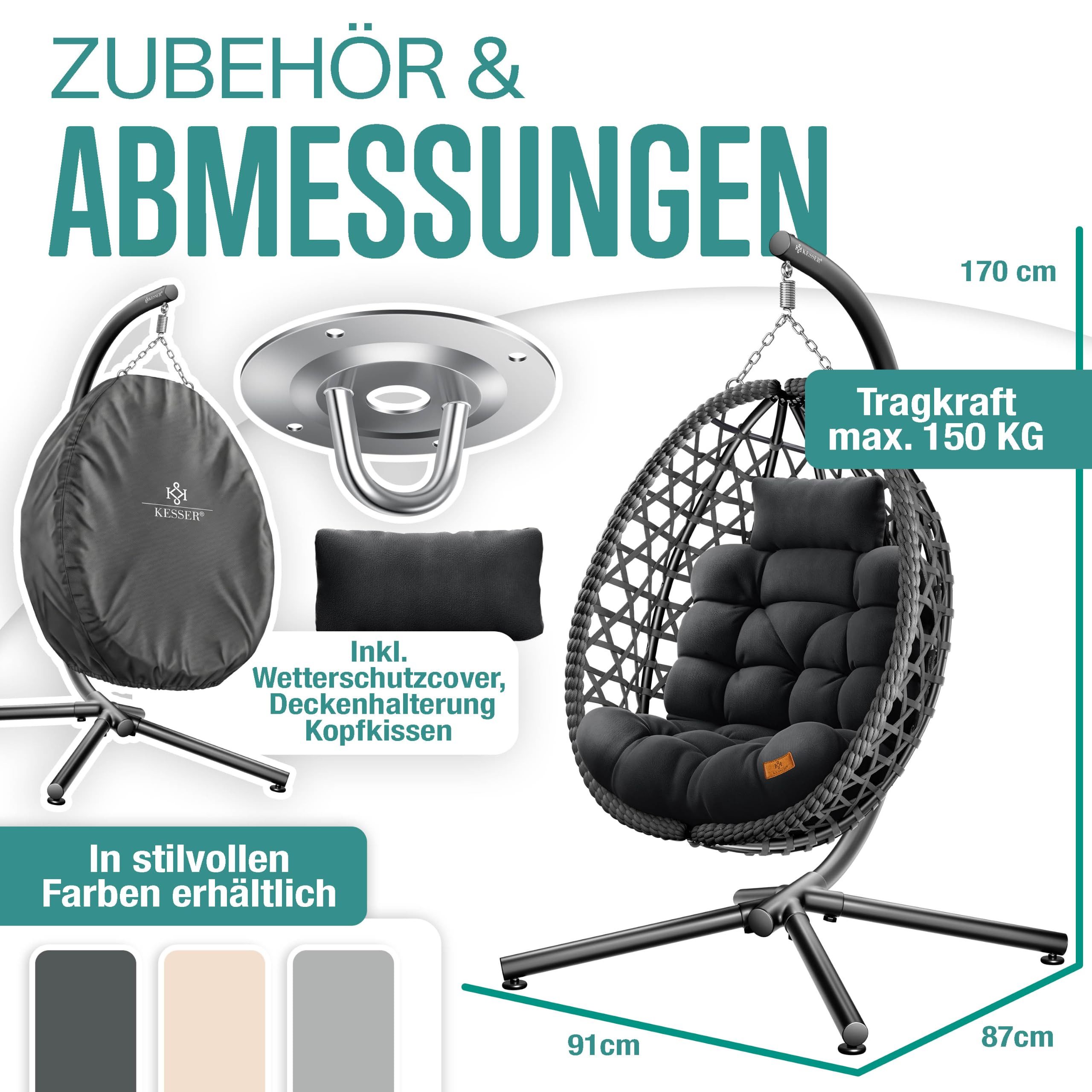 KESSER® Hängesessel mit Gestell Outdoor Indoor Schaukelstuhl Polyrattan 360° 150kg Tragkraft inkl. Polsterkissen & 2in1 Deckenhalterung + Cover – Relaxschaukel - Garten, Balkon, Terrasse, Anthrazit