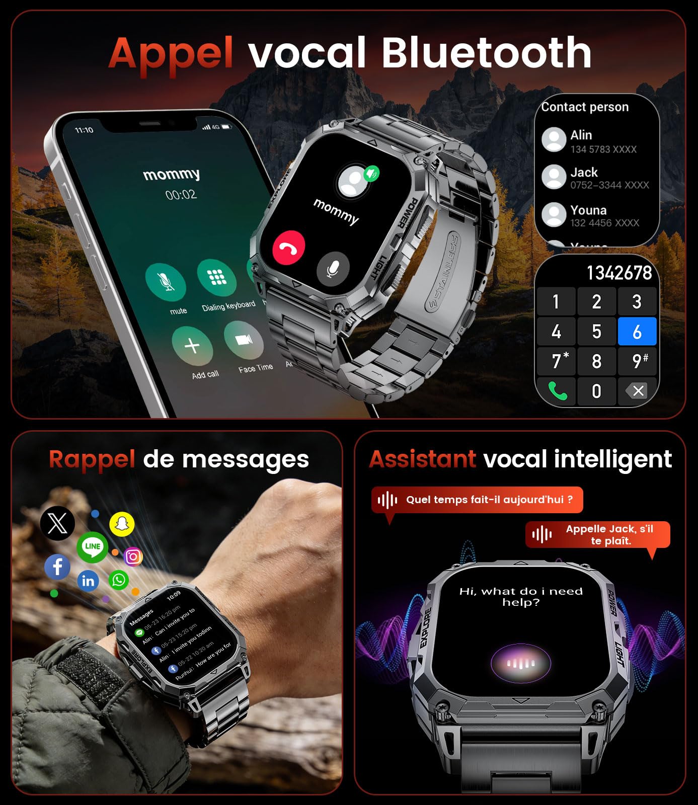 FITFLEX Montre Connectée Homme avec 1000mAh/2.01" HD Grand Écran Militaire Smartwatch avec Appel Bluetooth,Moniteur de Fréquence Cardiaque/Sommeil/120 Modes Sportifs, IP68 Étanche Android iOS,Noir