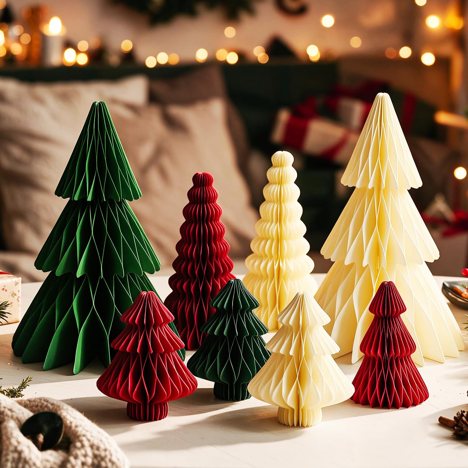 8 Pcs Paper Christmas Tree 3D Honeycomb Christmas Decorations, Paper Baubles Honeycomb Christmas Hanging Ornaments Table Centerpiece Vintage Xmas Decorations Indoor