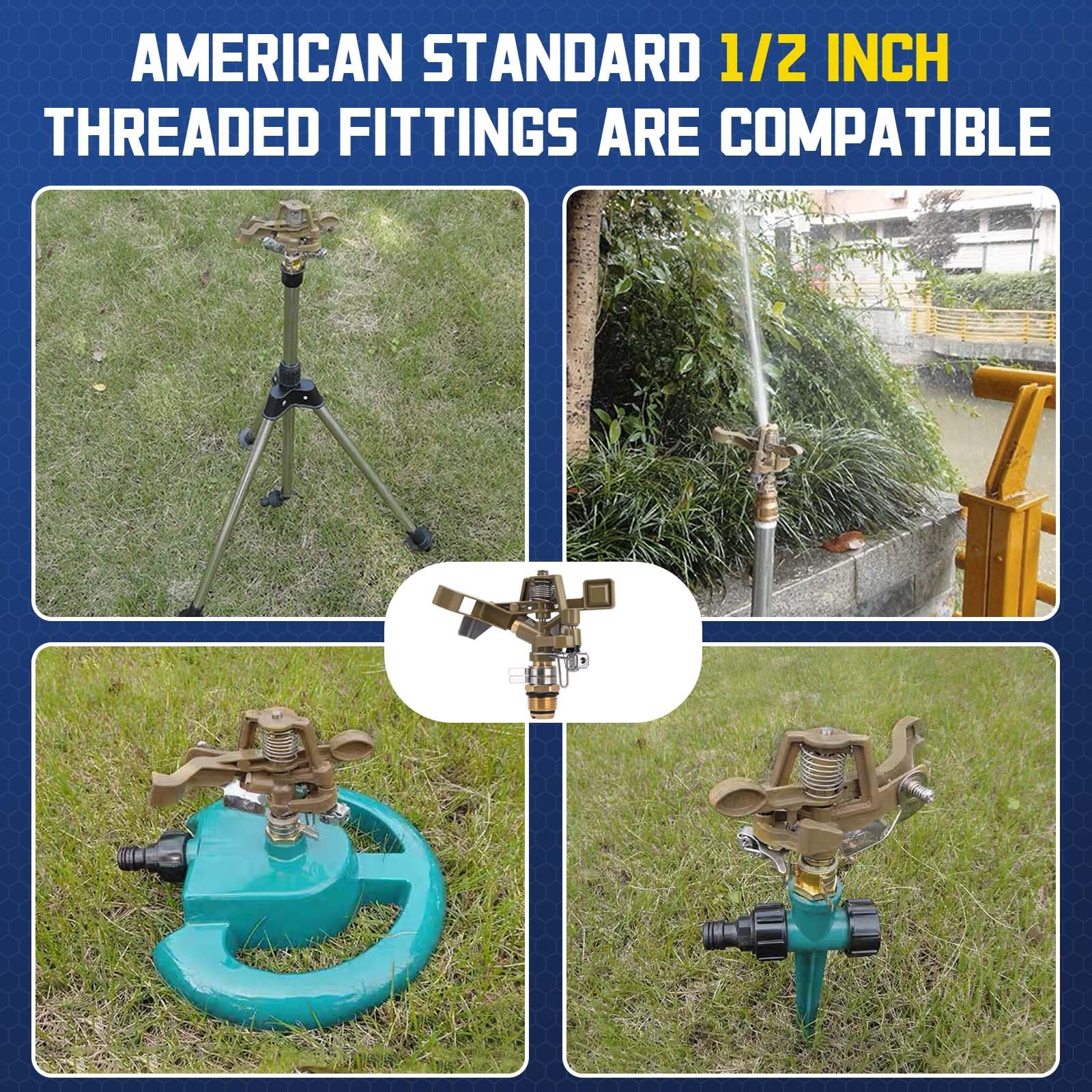 Aspersor de impacto de latón de 1/2 pulgada, aspersor de riego ajustable de 0 a 360 grados para áreas grandes, césped, patio, jardín, riego de césped (12)