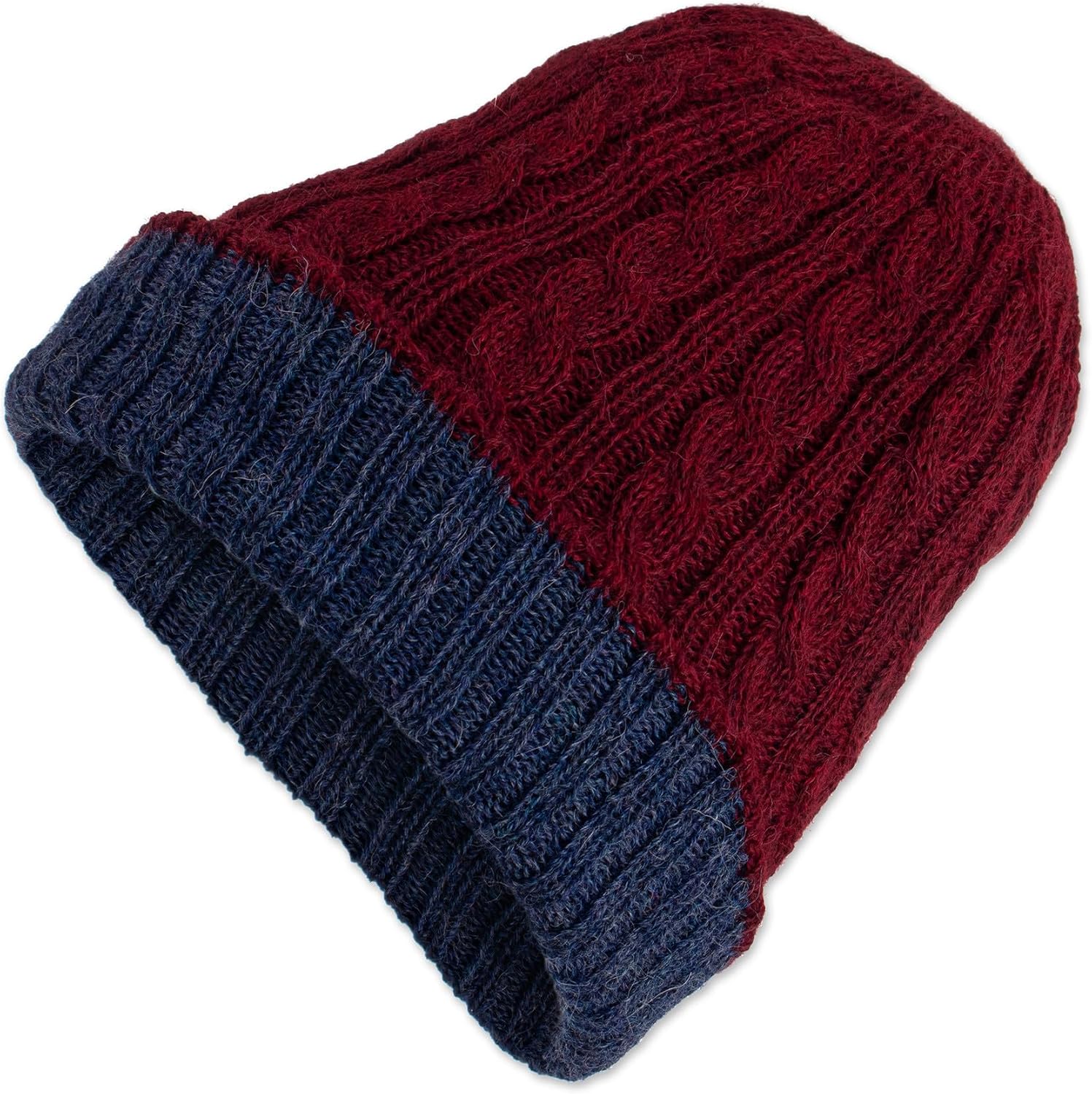 NOVICA Artisan Handmade Reversible 100% Alpaca Hat Cranberry Blue Knit from Peru Wool Accessories Hats Red Solidcable Knitpatterned ' Warm and Snug'