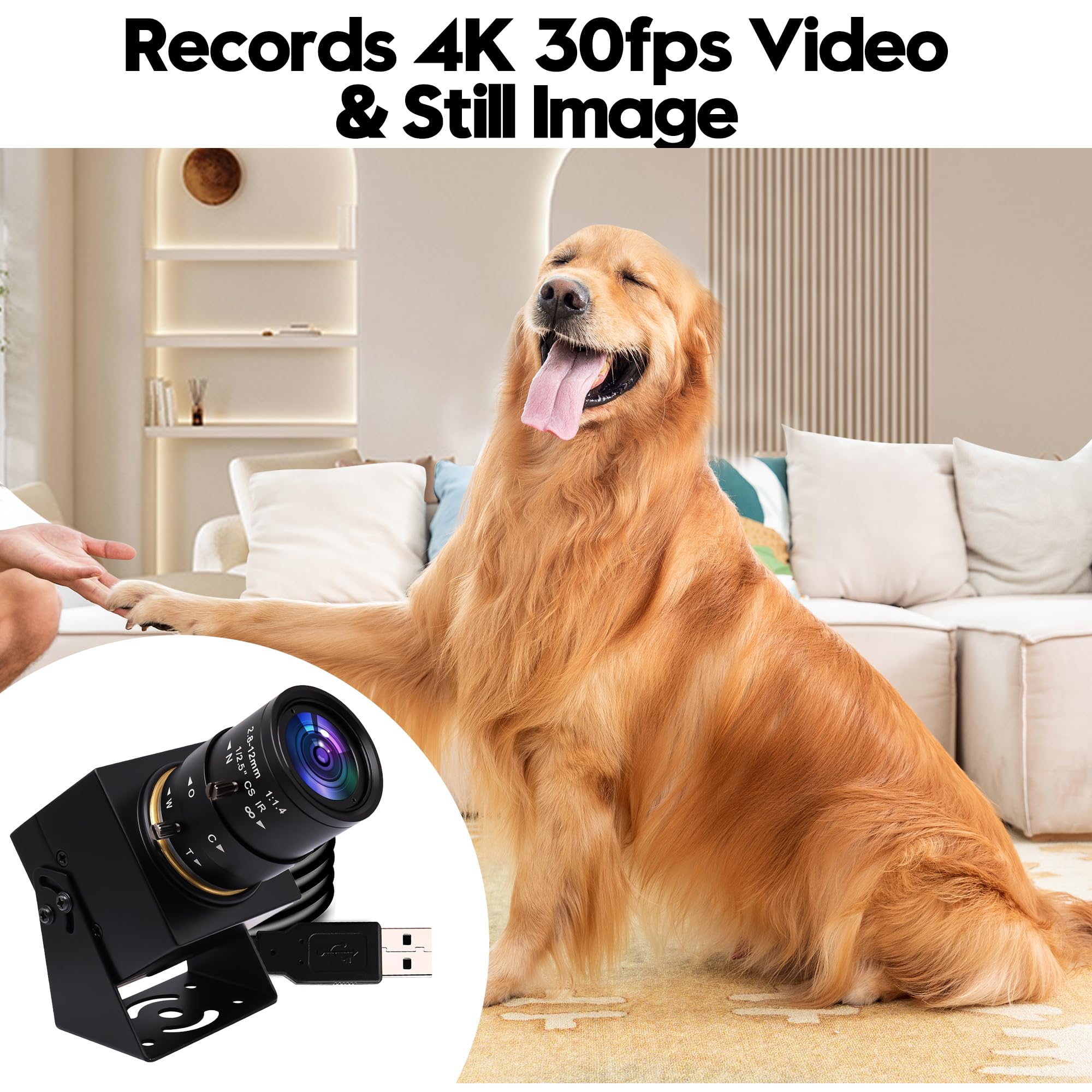 Svpro 4K USB Webcam With 2.8-12mm Variable Lens, 4X Optical Zoom Close Up Video Camera Uvc Plug And Play Industrial Pclaptop Camera