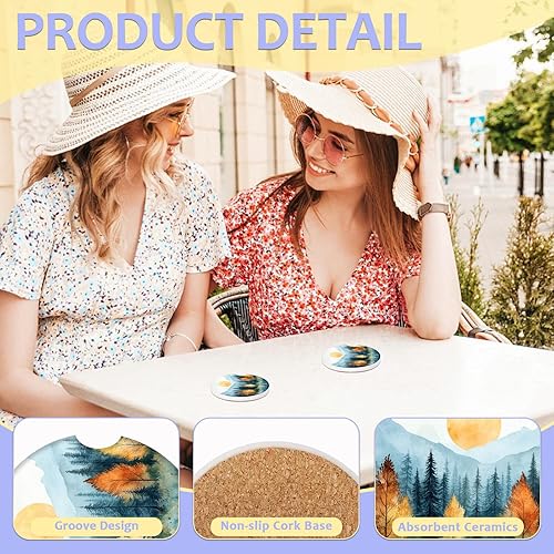 Miniatura 3 de Paquete de 2 posavasos para automóvil, posavasos abstractos de cerámica absorbente de bosque de montaña, posavasos para portavasos de automóvil,