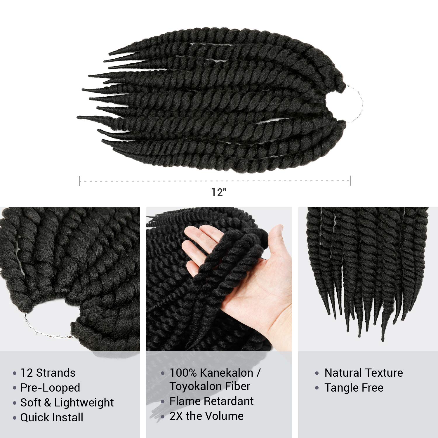 AU-THEN-TIC Jumbo Senegalese Twist Crochet Hair, 12 Inch, 6 Pack, Synthetic Extensions for Havana and Mambo Twist Styles, (1, Jet Black)
