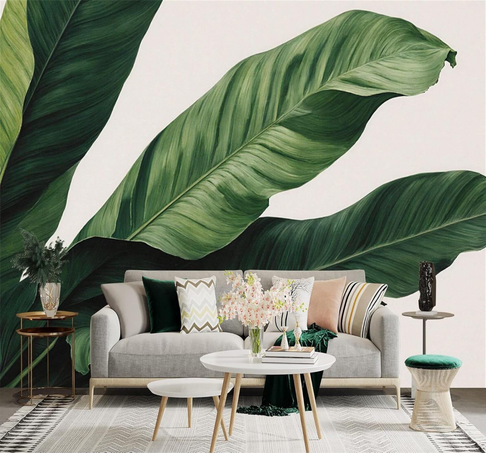 XLMING Fresh Tropical Plants Green Banana Leaves 3D Wallpaper Silky Texture Home Study Office Grey Dining Room Sofa Bedroom Living Room TV Backdrop-250cm×170cm