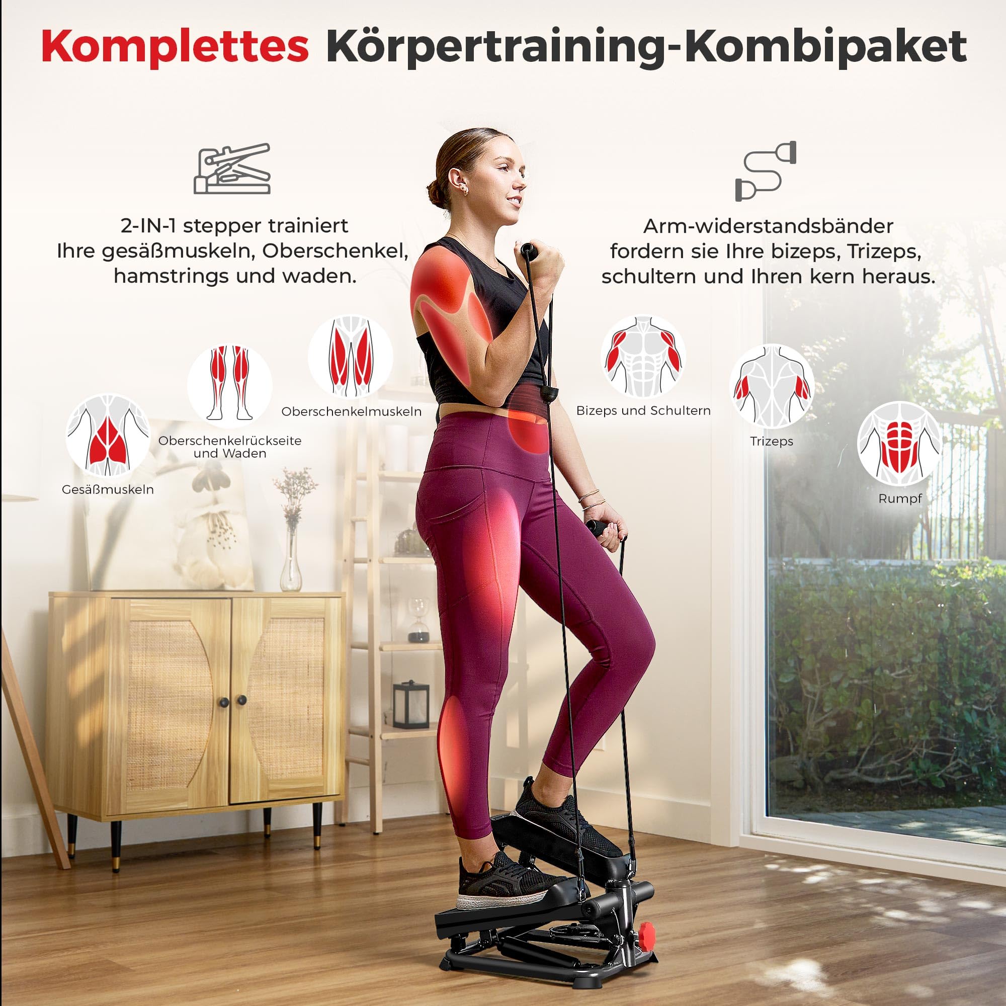 Sunny Health & Fitness Stepper für Zuhause, Ministepper für Home Gym, Kompakter Sportgeräte für Ganzkörper-Cardio mit Optionaler Twist-Bewegung, Widerstandsbändern und Kostenloser SunnyFit App