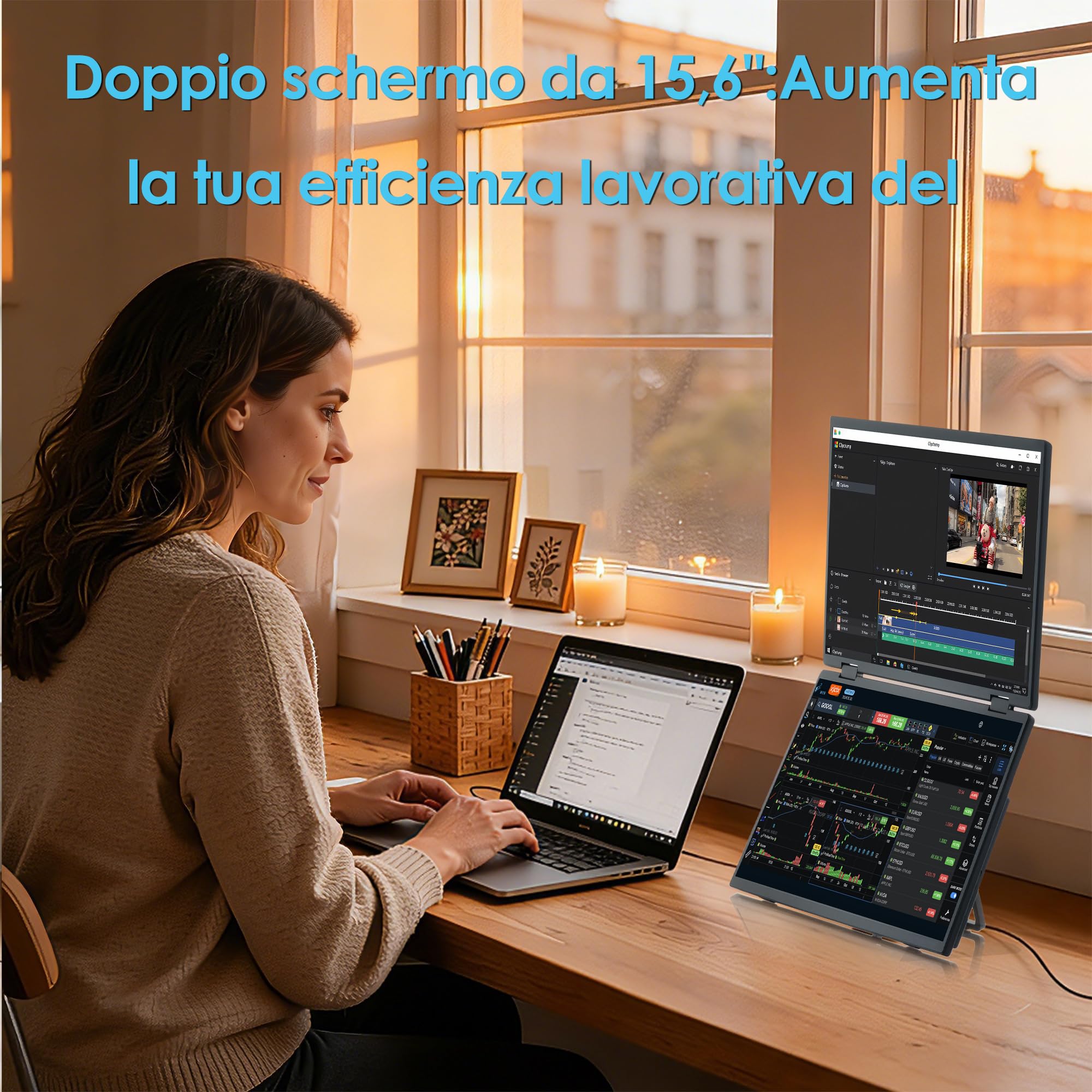 15,6 Pollici Monitor Triplo Portatile 1080P FHD Max 1920x2160 IPS USB-C HDMI Plug & Play Secondo Estensore Laptop Schermo Esterno per Multitasking Ufficio Casa Viaggi -Nero