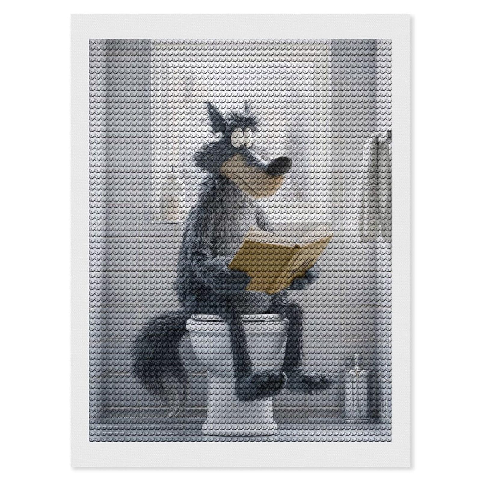 Junmoney Wolf Reading on Toilet DIY Diamond Art Canvas Kit 12"x16", Decorate Your Room, Sparkling Round Gems, Fun Craft Experience, Farmhouse Decor
