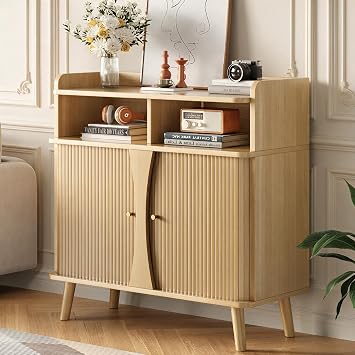 Decofy Fluted Sideboard Buffet Cabinet with Storage, 39.9" Console Cabinet | Open Storage Shelves & Adjustable Shelves, Sliding Doors for Kitchen, Living Room, Entryway, Coffee Bar Cabinet Oak