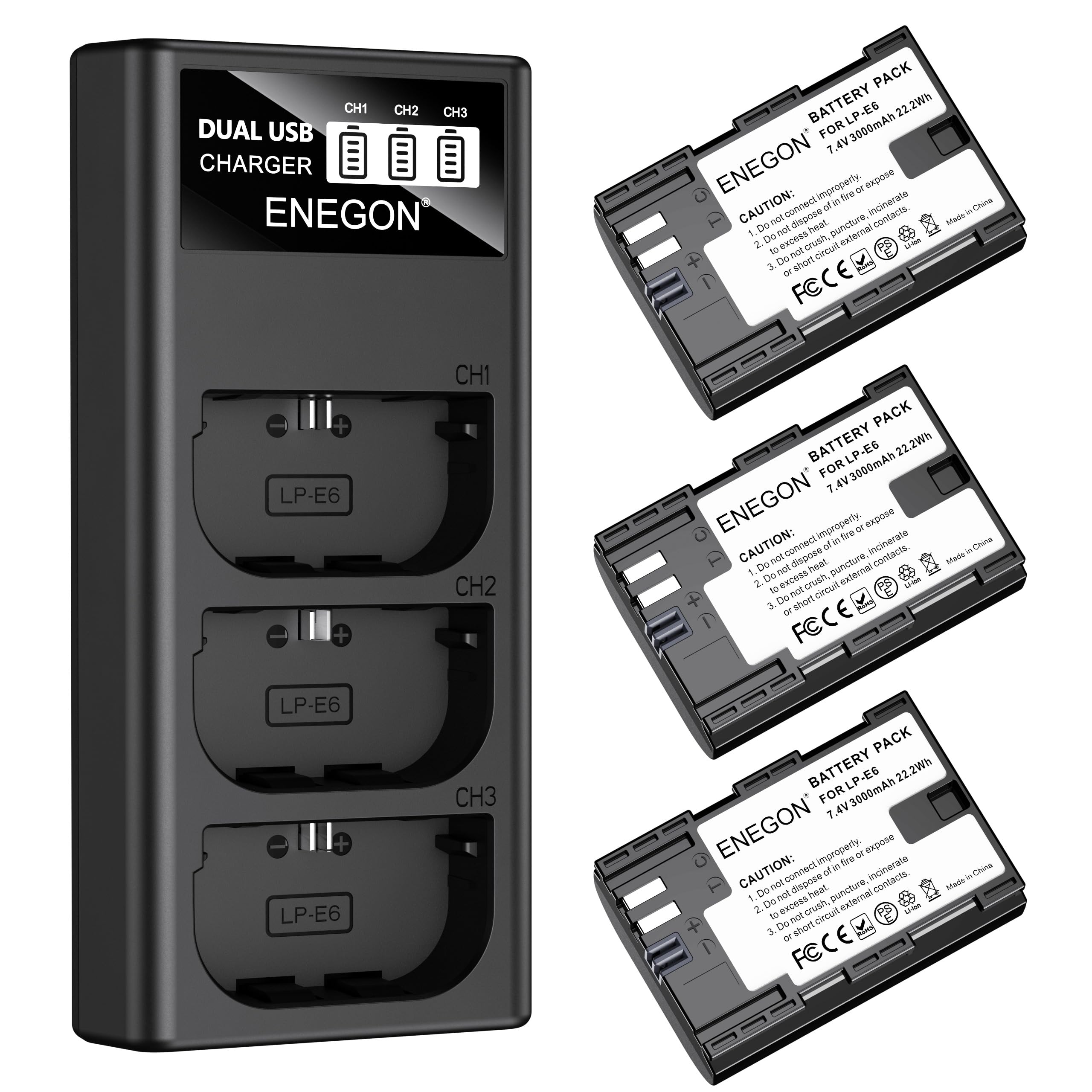 ENEGON Batería LP-E6 (3×3000mAh) Incluye Cargador de 3 Ranuras con Pantalla LCD Compatible Canon EOS 5D, EOS 5D Mark II,EOS 6D, 7D, 60D, 70D, 80D, 90D, XC10, XC15 Cámaras