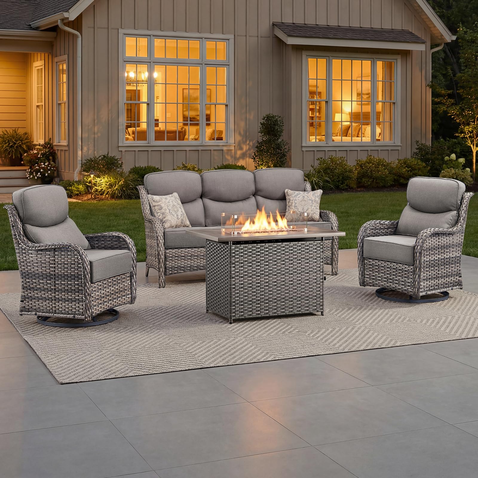 Luxury Patio Furniture Set with 6-inch Thick Cushion, Outdoor Furniture with Fire Pit Table, Swivel Chairs, Sofa, 4pcs Wicker Conversation Set for Deck Yard and Poolside Grey Wicker | Grey Cushions