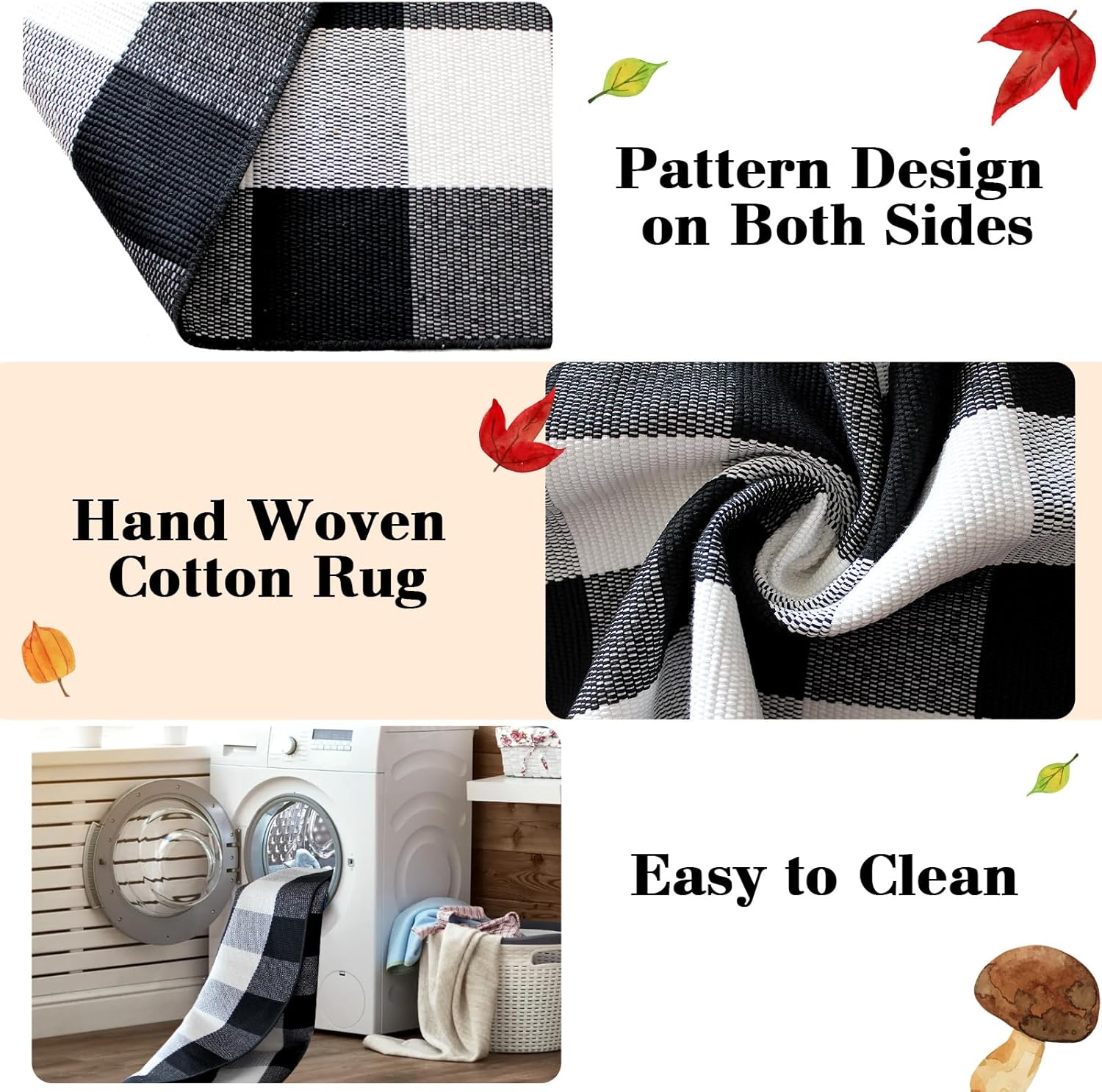 2 Pcs Fall Door Mat Combo Set Imitation Coir Welcome Mat, 43" x 28" Buffalo Plaid Rug Outdoor for Fall Halloween Thanksgiving Rustic Farmhouse Indoor Autumn Mats Hello Pumpkin (Black and White Plaid)