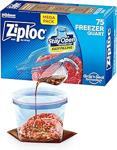 Ziploc Quart Food Storage Freezer Bags, New Stay Open Design with Stand-Up Bottom, Easy to Fill, 75 Count
