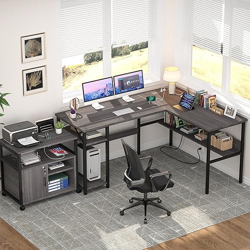 Miniatura 37 de Unikito Escritorio en forma de L con luz LED y toma de corriente, mesa de computadora de esquina reversible con soporte para monitor y estante de