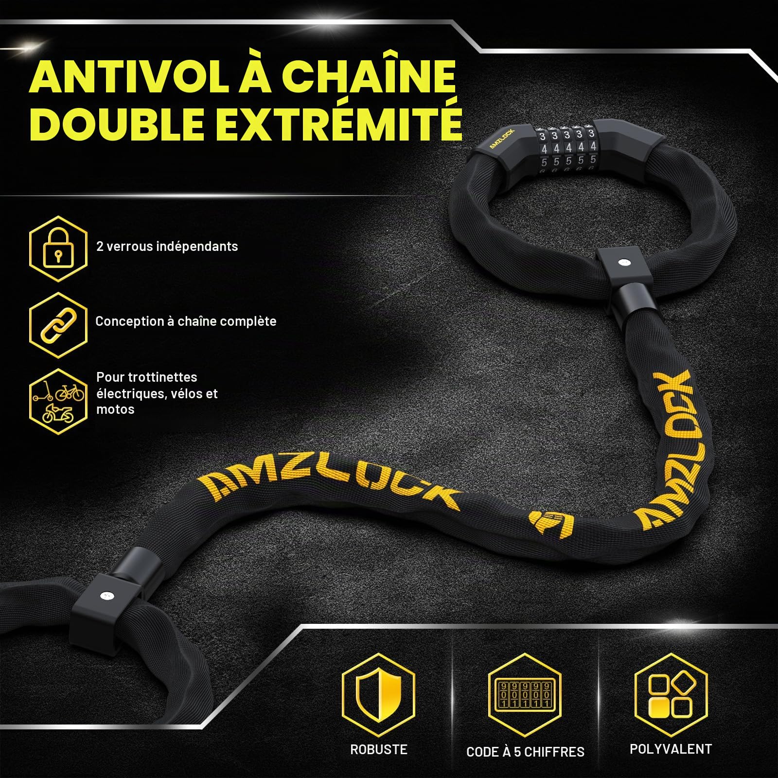 Cadenas Trottinette Electrique, Antivol Velo avec Sacoche 3 L | Cadenas à Combinaison 5 Chiffres, Antivol Trottinette Électrique avec Chaîne de 7mm/91cm et Deux Serrures pour Vélos et Motos