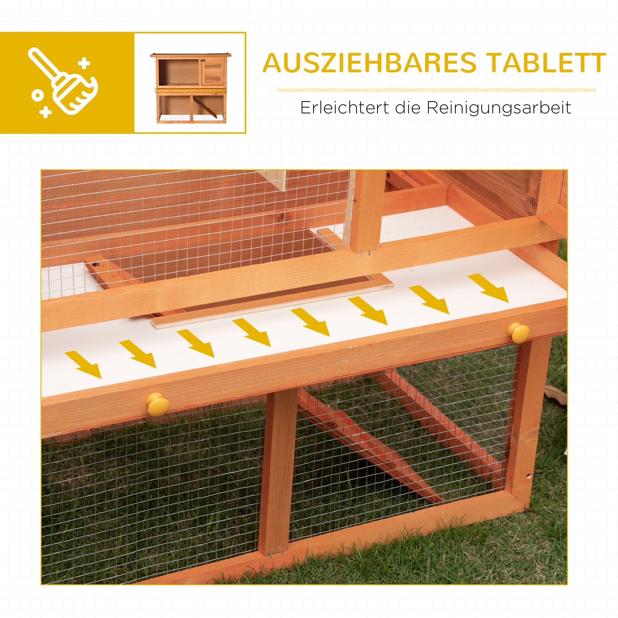 PawHut Hasenstall 2 Etagen Kaninchenstall aus Holz 90x45x80 cm Kaninchenkäfig mit wetterfest aufklappbar Bitumendach Freilaufgehege Rampe Tür Bodenwanne Hasenkäfig für Zwergkaninchen Outdoor Orange