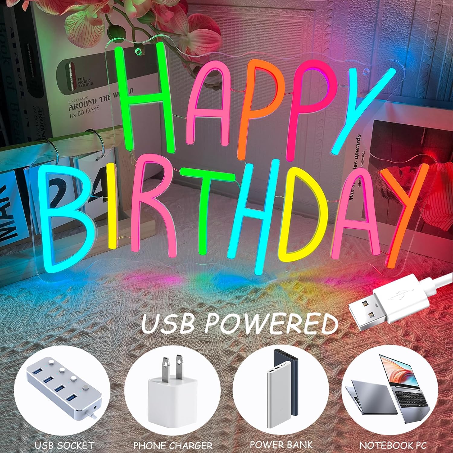 Happy Birthday Neon Sign for Wall Decor, Colorful Happy Birthday Neon Lights, LED Birthday Neon Light for Backdrop, Neon Birthday Signs for Bedroom Bar Cafe Party Any Ages Bday Celebration Decoration - Image 6