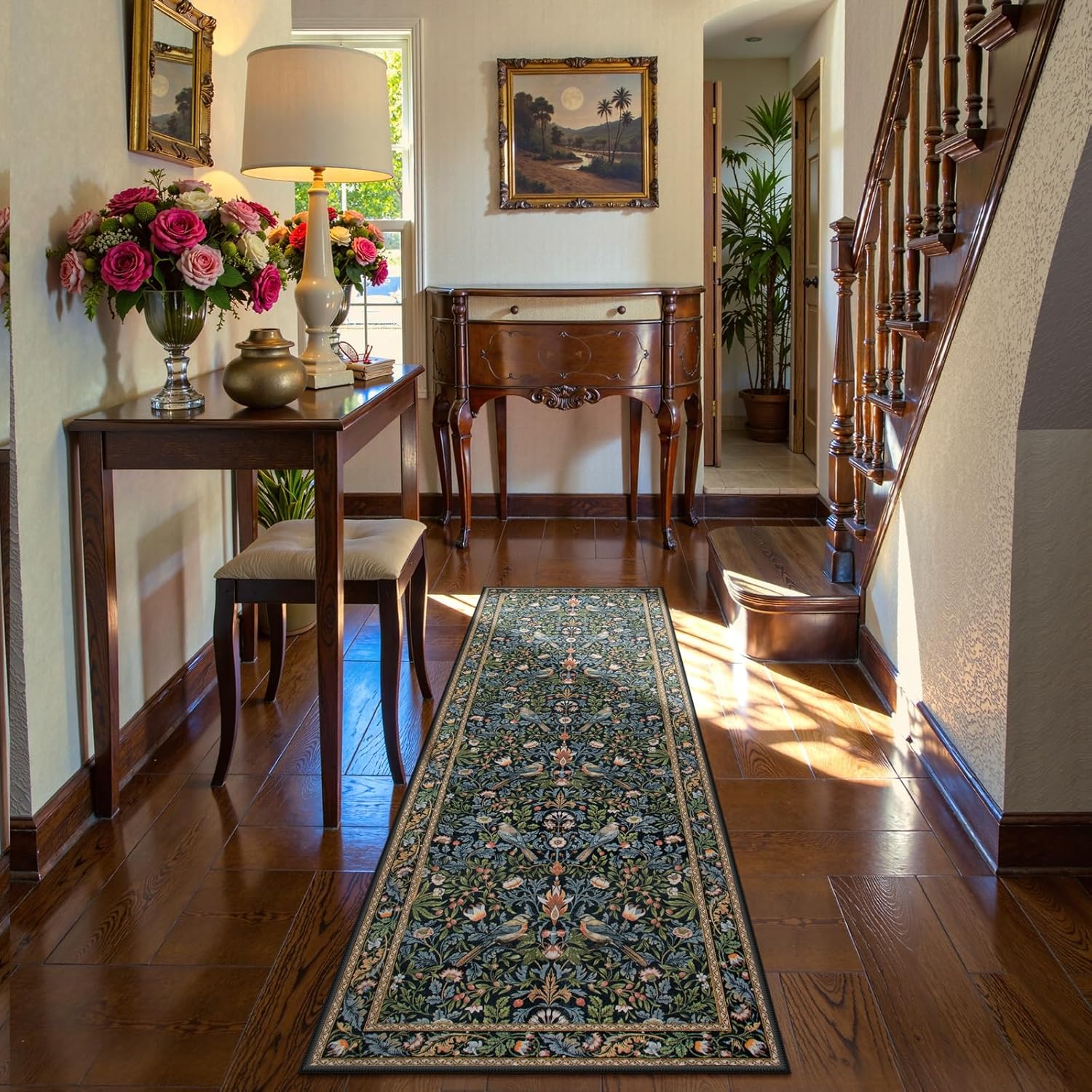 Morebes Washable Floral Hallway Runner Rug 2x6 Non Slip, Boho Floral Birds Kitchen Runner 6ft, Ultra-Thin Super Soft Botanical Indoor Floor Carpet for Bathroom Entryway Laundry Room, Navy Blue - Image 2