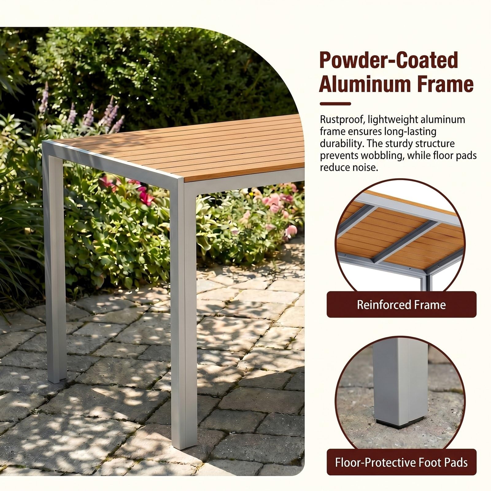 LIFERUN Gartentisch 110x70 cm mit Aluminiumrahmen, Rechteckiger WPC Balkontisch für 4-6 Personen, wetterfester und UV-beständiger Terrassentisch, moderner Outdoor Esstisch in Holzoptik, Teakbraun+grau