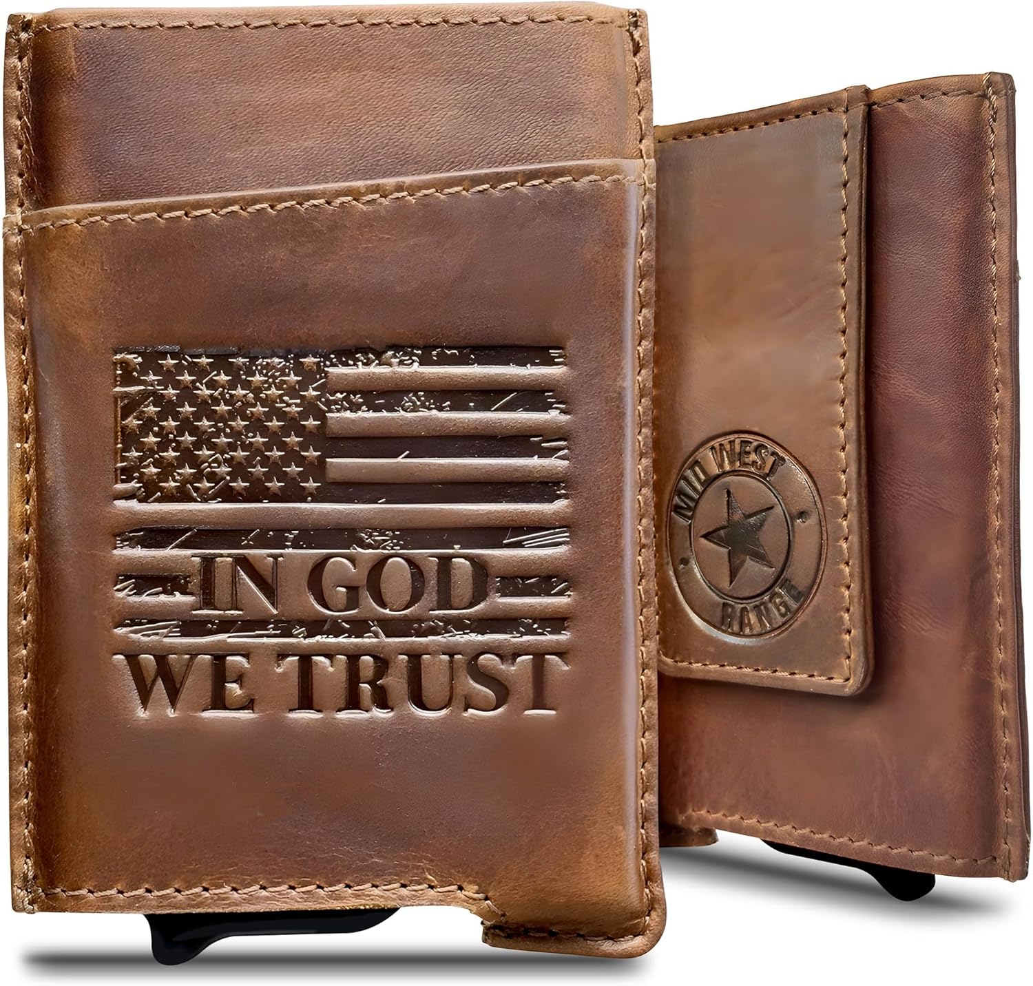 Minimalist Pop Up Wallet for Men – Full Grain Leather RFID Blocking Card Holder – Patriotic Design - IN GOD WE TRUST – Front Pocket Wallet with Magnetic Cash Strap & Card Ejector Mechanism