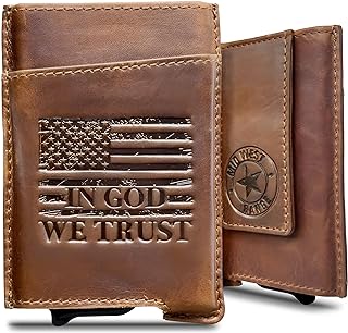 Minimalist Pop Up Wallet for Men – Full Grain Leather RFID Blocking Card Holder – Patriotic Design - IN GOD WE TRUST – Front Pocket Wallet with Magnetic Cash Strap & Card Ejector Mechanism
