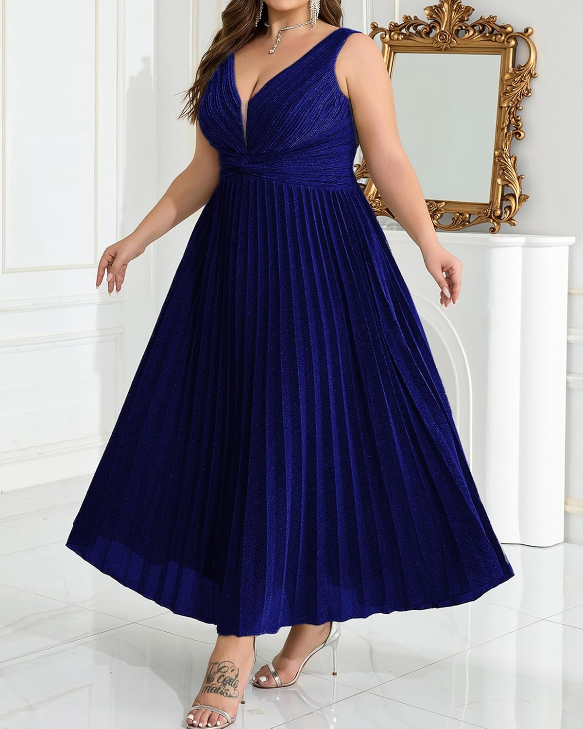Women's Cocktail Dresses V Neck High Waist Pleated Evening Dress Sleeveless A-Line Gown with Waist Tie