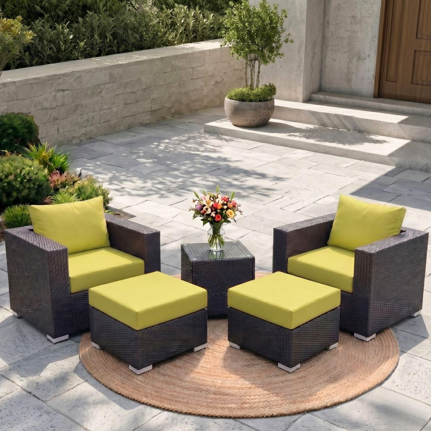 DEVOKO Patio Conversation Set 5 Pieces Outdoor HDPE Wicker Rattan Sofa Furniture Cushioned and Ottomans with Table for Garden, Porch, Pool, Balcony (Dark Brown and Green)