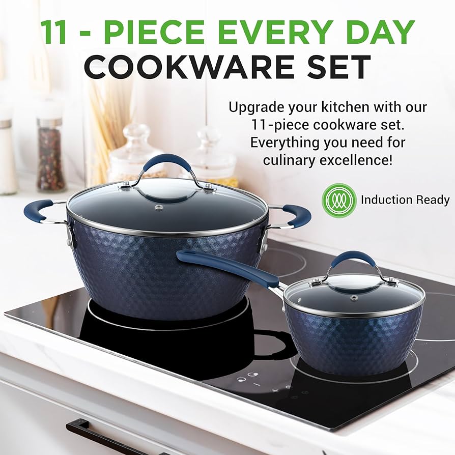 Amazon.com: NutriChef 11 Pc Blue Diamond Nonstick Ceramic Cookware Set - Durable Pots and Pans with Cool-Touch Handles, Lids, Utensils: Home & Kitchen