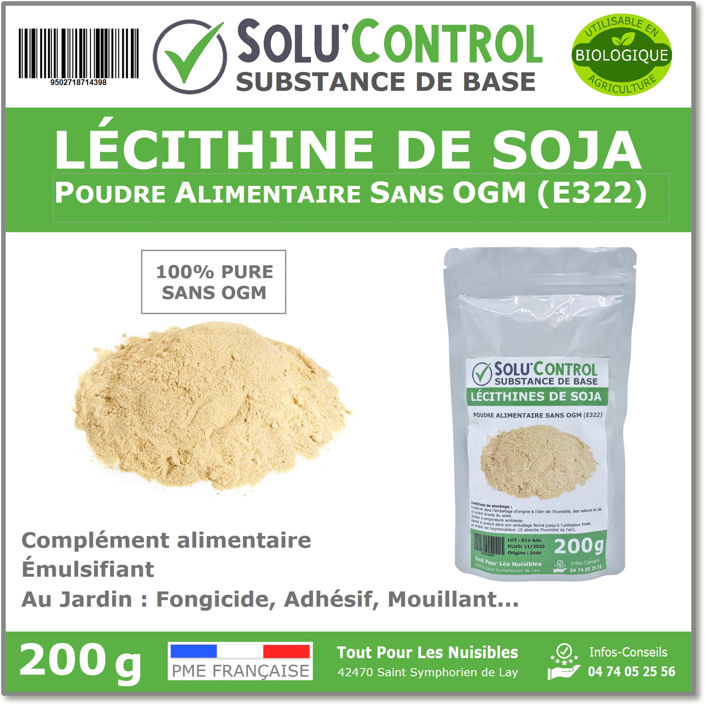 200 gr de Lécithine de Soja sans OGM en sachet refermable - Substance de Base - Complément Alimentaire - Émulsifiante - Jardin : Fongicide - adhésive - mouillante - amplificatrice