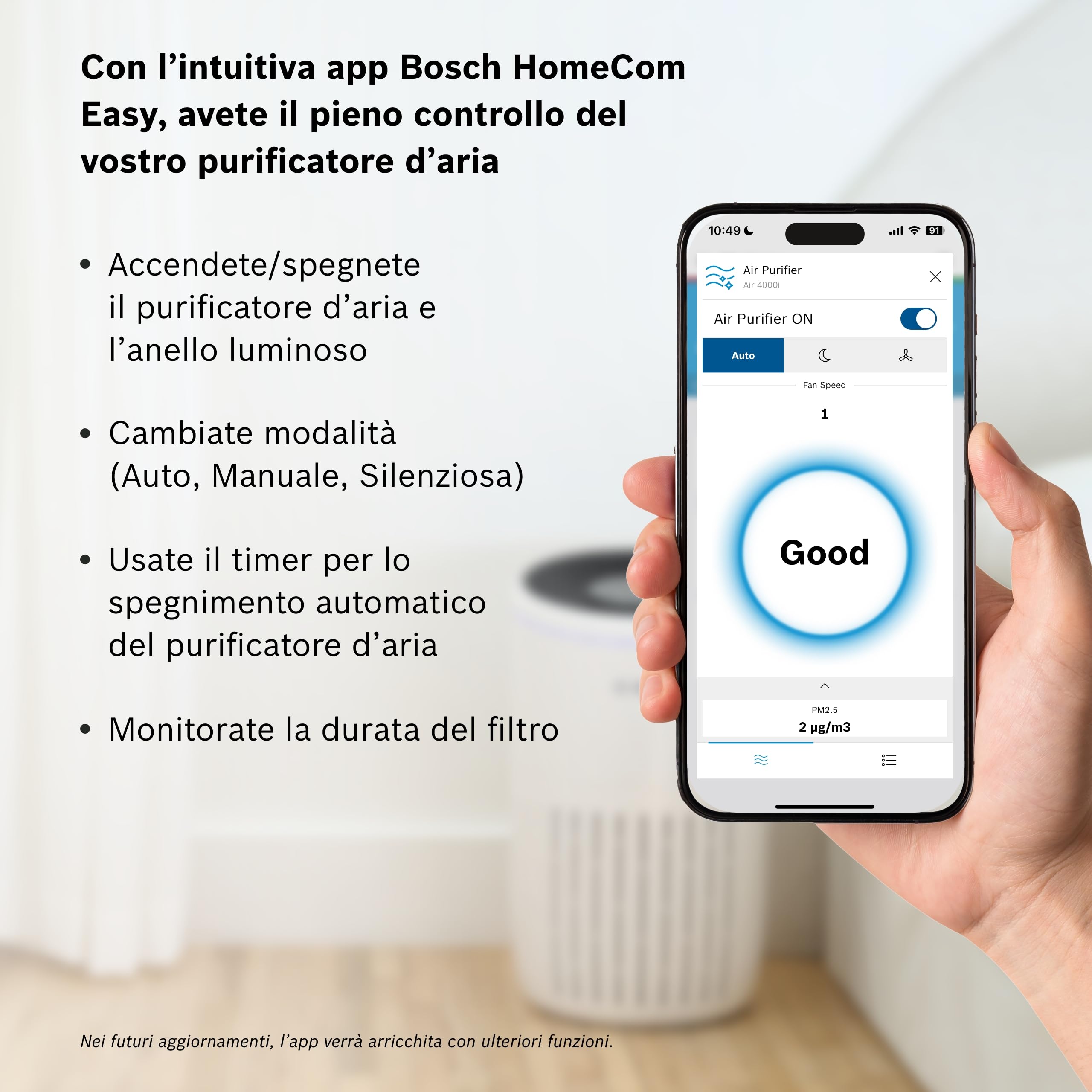 Bosch Air 4000i - Purificatore d'aria intelligente - Copre 62,5 m² - Filtra efficacemente oltre il 99% degli inquinanti - Modalità Auto/Sleep (< 25 dB(A)) - CADR: 300 m³/h - Connettività display e app
