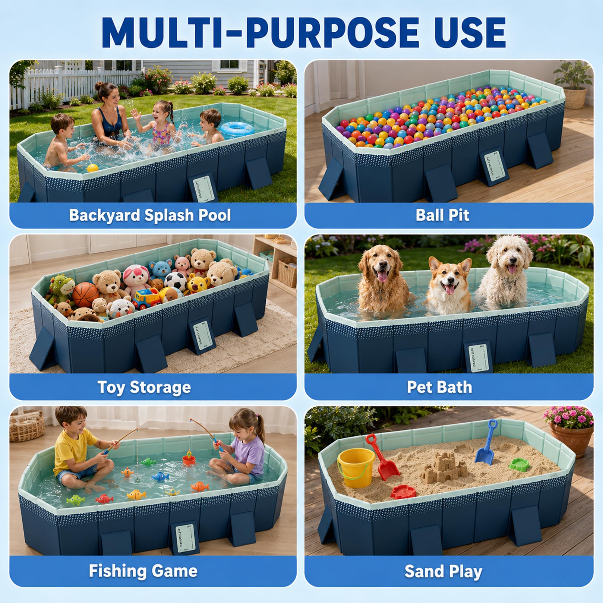 Piscinetta fuori terra rettangolare non gonfiabile, vasca richiudibile | Vasca autoportante senza pompa aria con scarico doppio, PVC piscina portatile per bimbi adulti(B,160cm/63in)