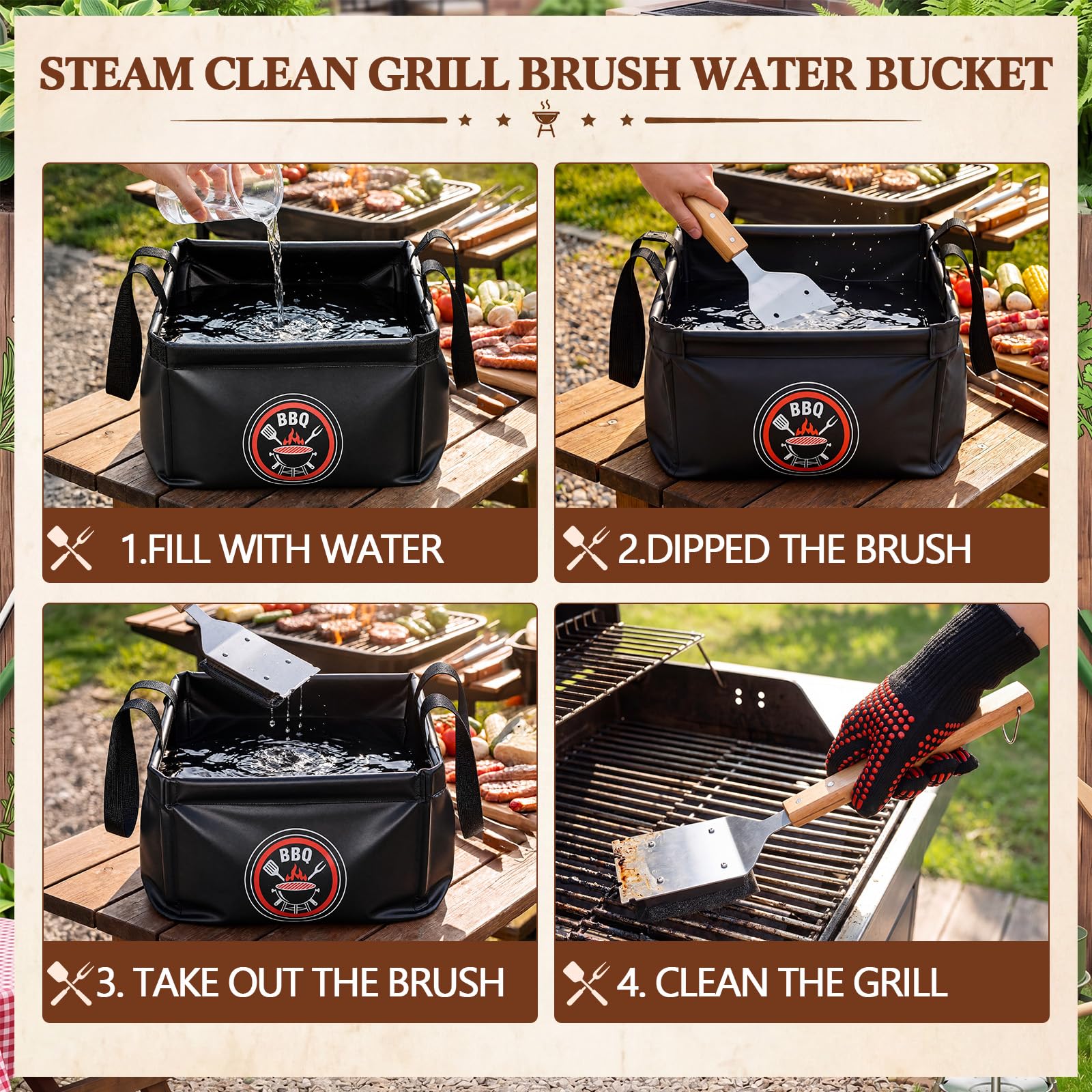 Sawysine Juego de 6 herramientas para barbacoa, cepillo de limpieza sin cerdas con 3 cabezales de repuesto, guantes resistentes al calor, cubo de agua plegable de 15 l para acampar al aire libre