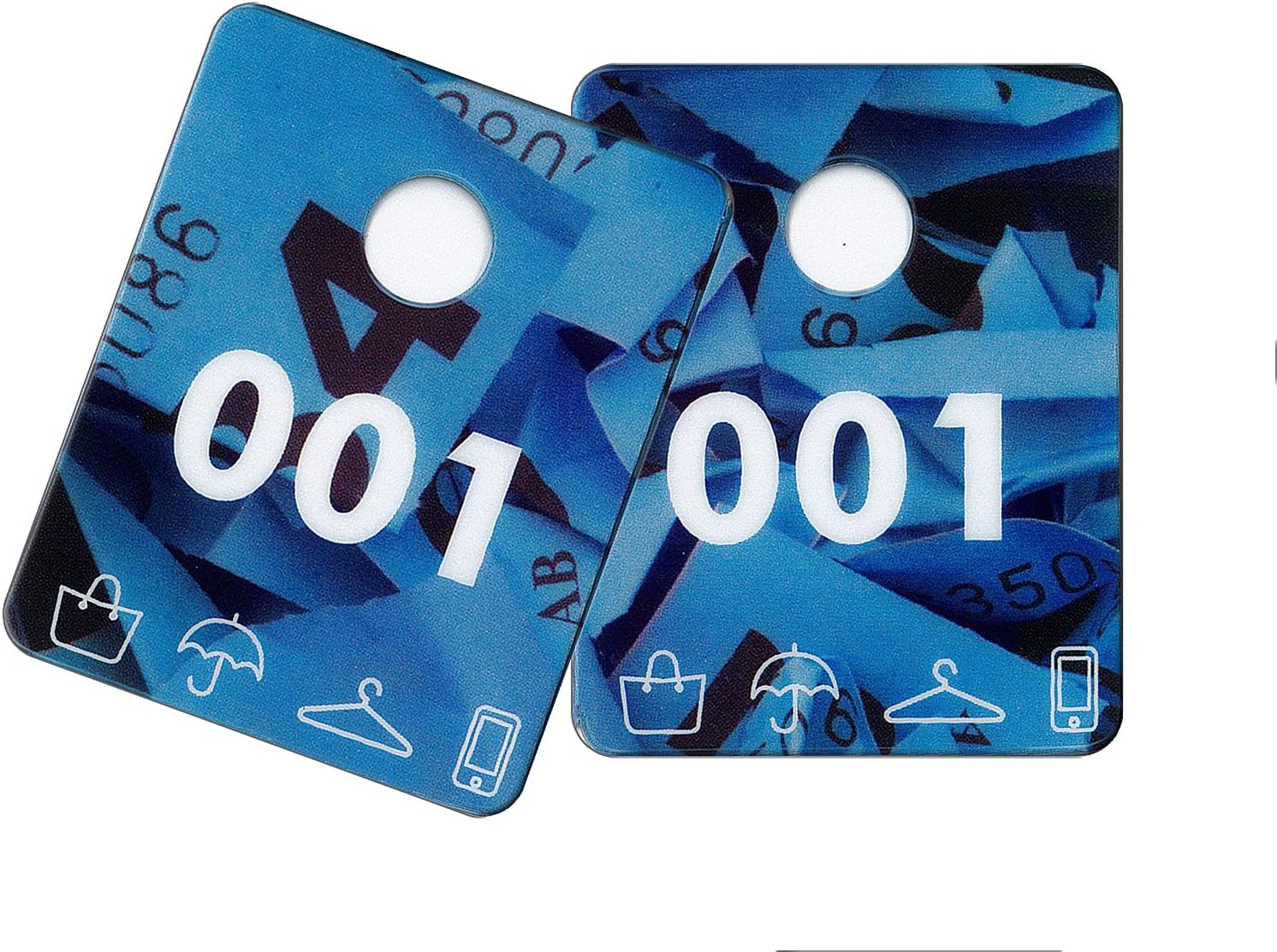 100 Numbered Pairs of Cloakies® - Mini Plastic Cloakroom Tags & 100 Luggage Loops - Blue Raffle Ticket Design