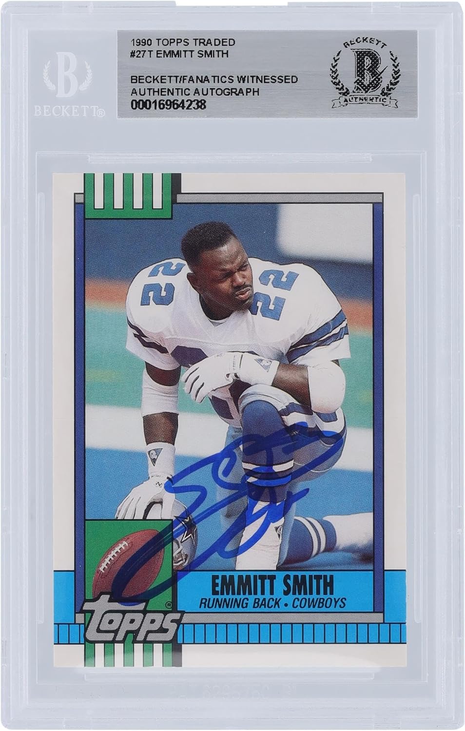 Emmitt Smith Dallas Cowboys Autographed 1990 Topps Traded #27T Beckett Fanatics Witnessed Authenticated Rookie Card - Football Slabbed Autographed Rookie Cards