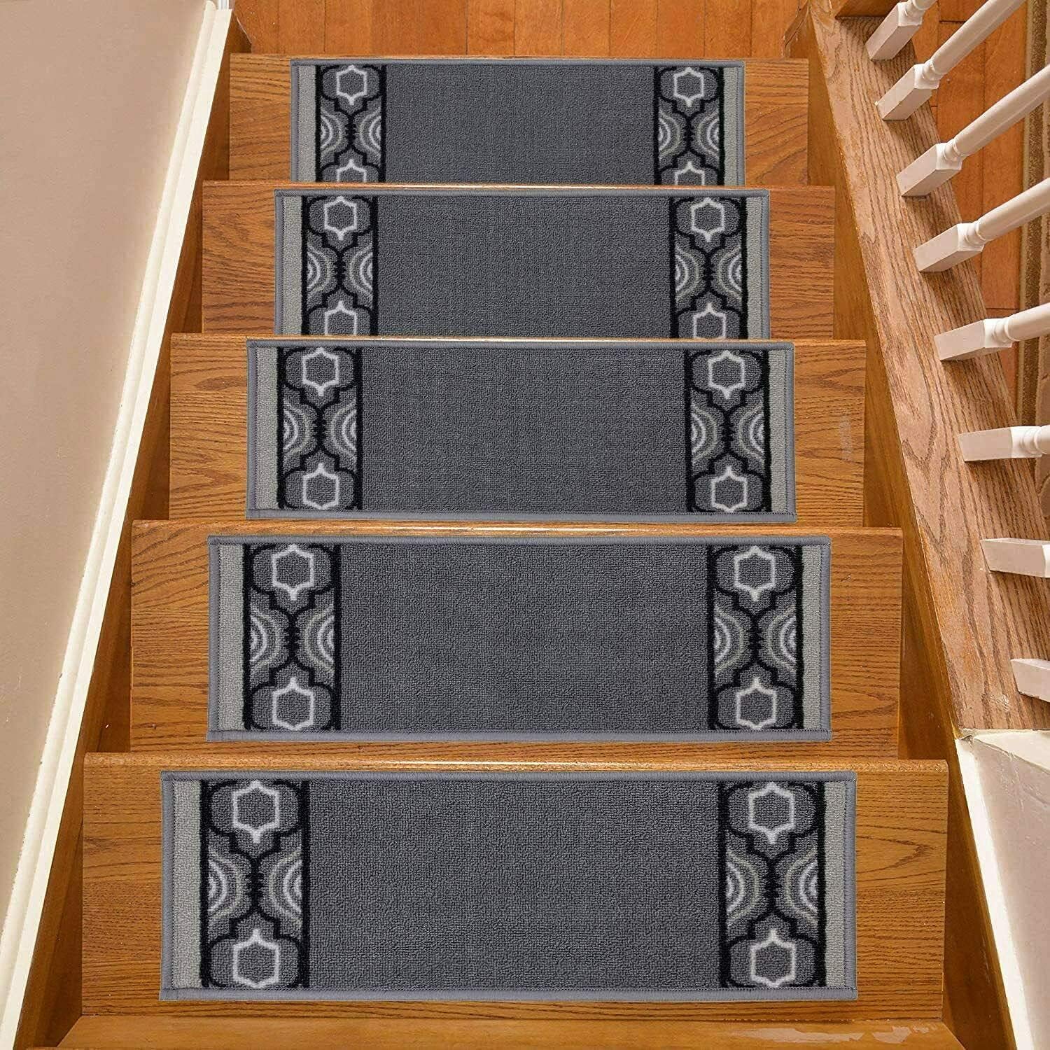 Stair Treads Skid Slip Resistant Backing Indoor Carpet Stair Treads Trellis Border Design 8 ½ inch x 26 ¼ inch (Set of 13, Grey Black)