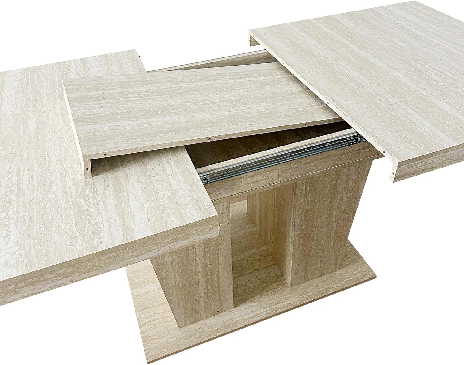 KEIKI 63"-79" Extendable Rectangular Dining Table for 6-10, Aged Wood Farmhouse Kitchen Table with Veined Travertine Pattern and Thick Top, Large Dining Room Table, Beige